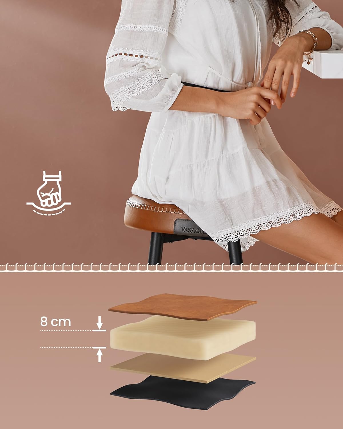 VASAGLE Set 2 scaune bar Ekho, tapitate PU, inaltime sezut 76 cm, 52x76 cm, maro caramel
