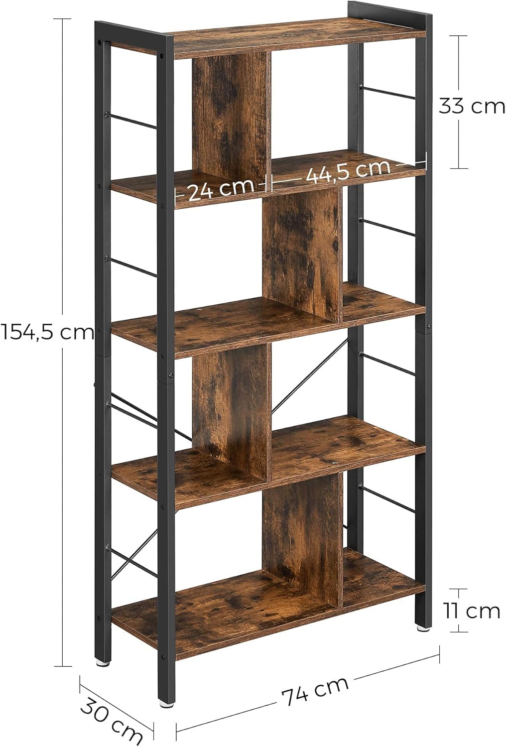 VASAGLE Biblioteca cu 4 rafturi, cadru metalic, stil industrial, 74x30x155 cm, maro rustic