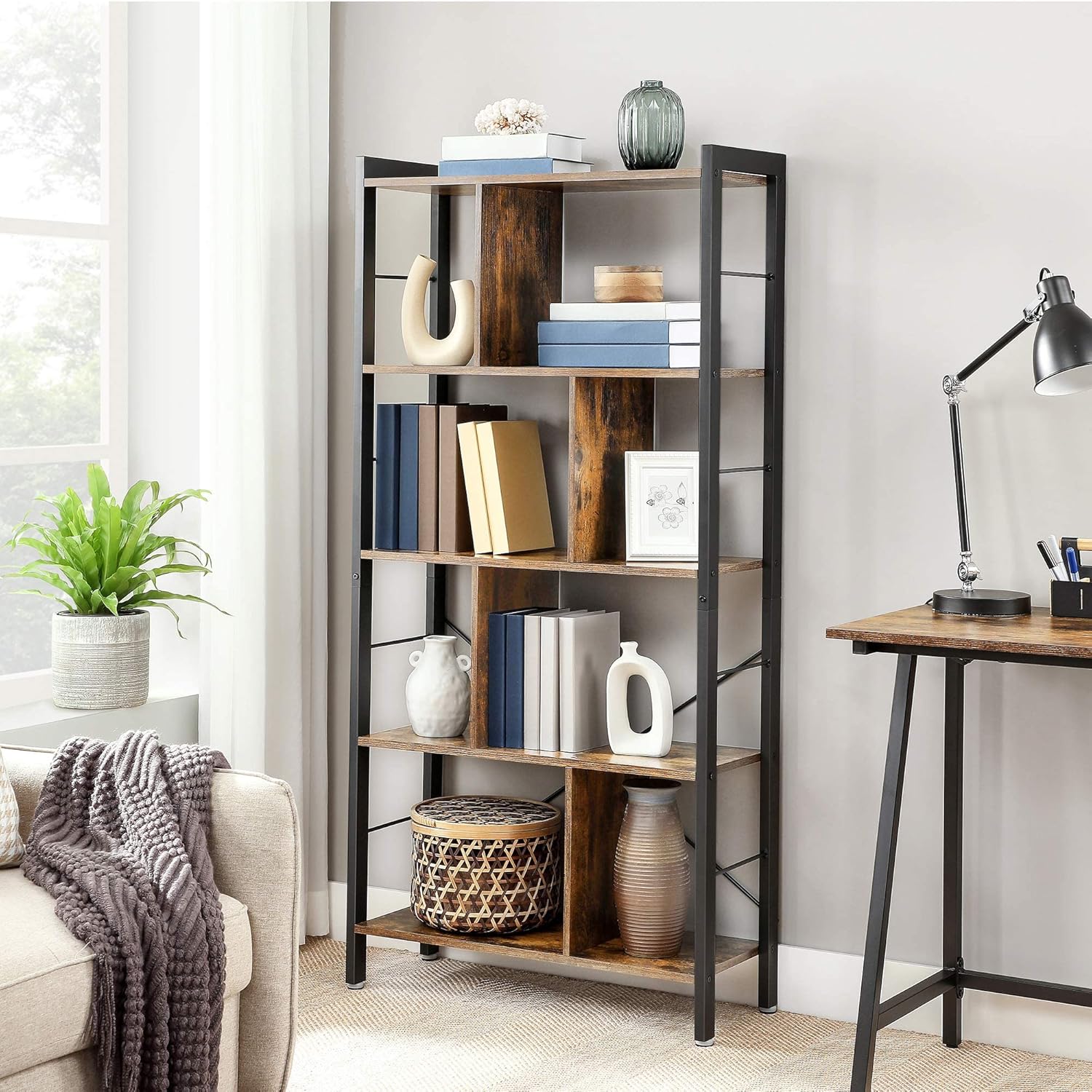 VASAGLE Biblioteca cu 4 rafturi, cadru metalic, stil industrial, 74x30x155 cm, maro rustic