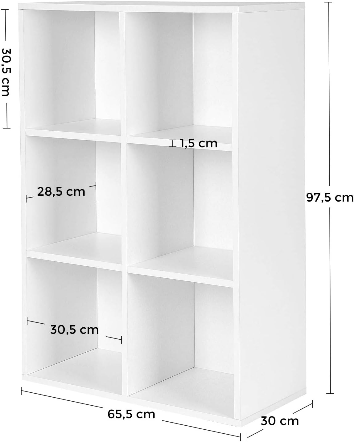 VASAGLE Biblioteca cu 6 compartimente, raft depozitare tip cub, 66x30x98 cm, alb