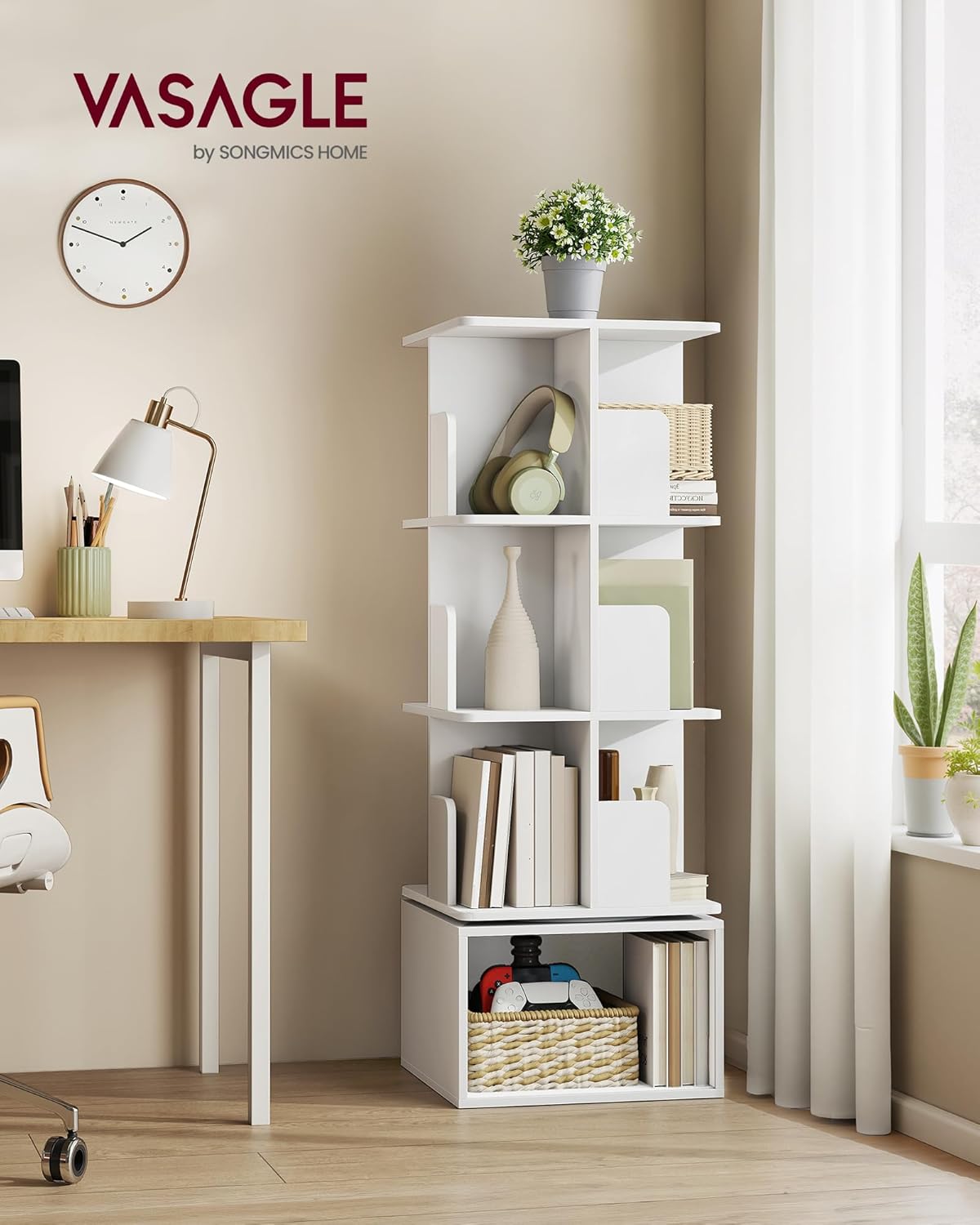 VASAGLE Biblioteca rotativa, MDF, cu 4 niveluri si compartimente deschise, montaj pe podea, 40x40x125 cm, alb
