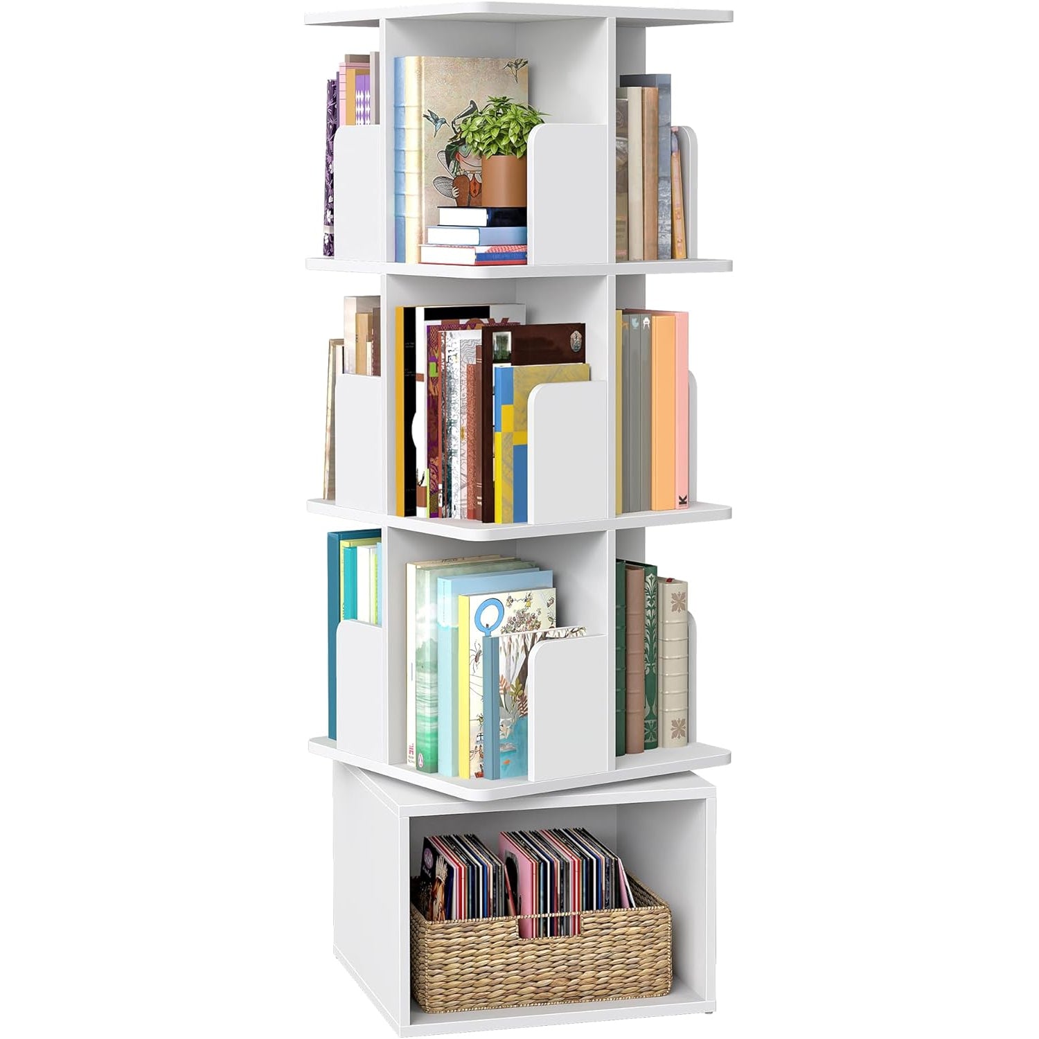 VASAGLE Biblioteca rotativa, MDF, cu 4 niveluri si compartimente deschise, montaj pe podea, 40x40x125 cm, alb