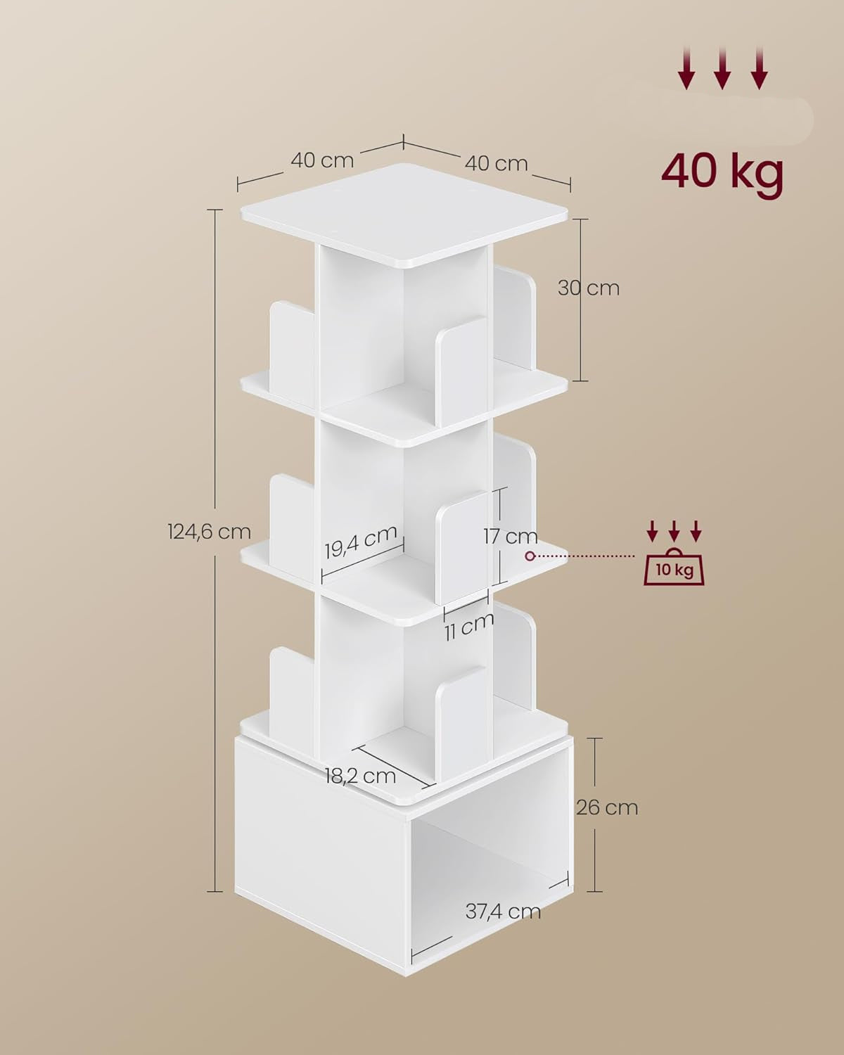 VASAGLE Biblioteca rotativa, MDF, cu 4 niveluri si compartimente deschise, montaj pe podea, 40x40x125 cm, alb