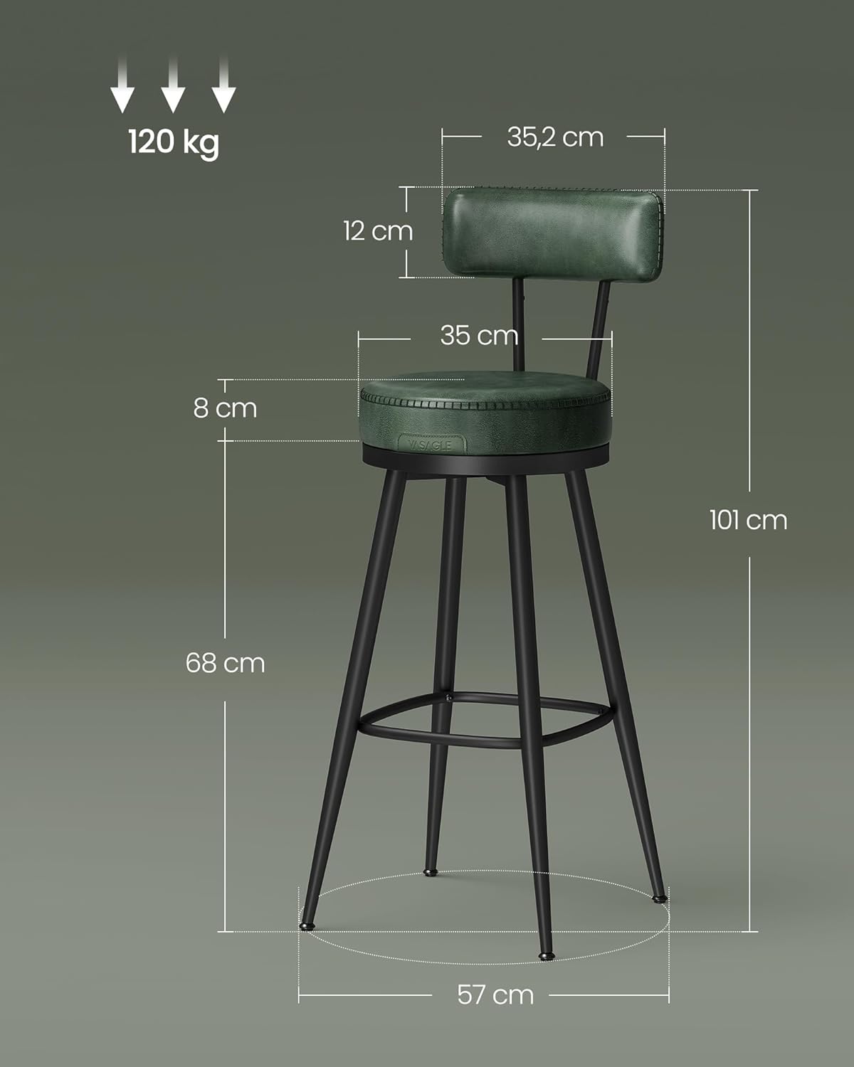 VASAGLE set 2 scaune de bar rotative 360°, cu spatar, inaltime 101 cm, piele sintetica, cadru otel, stil modern, verde