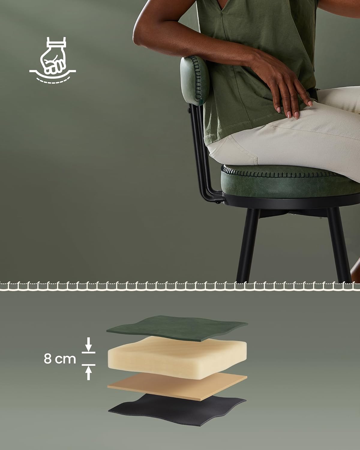 VASAGLE set 2 scaune de bar rotative 360°, cu spatar, inaltime 101 cm, piele sintetica, cadru otel, stil modern, verde