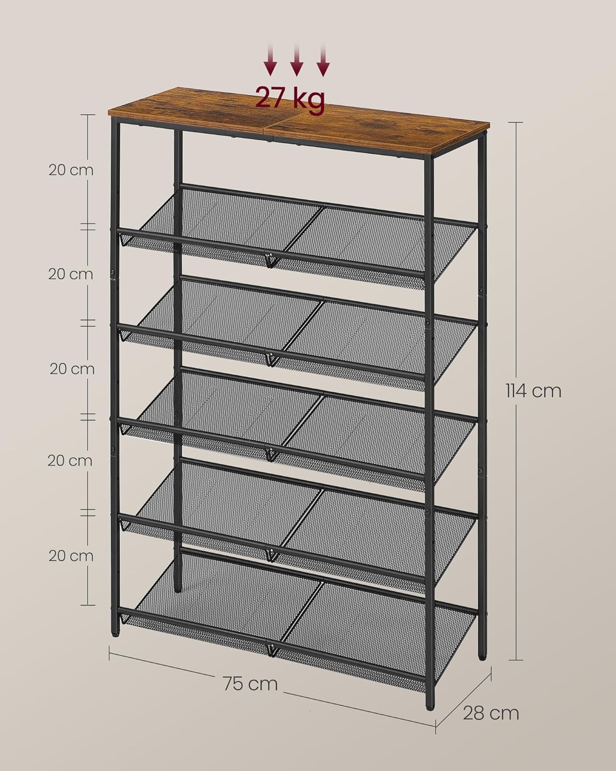 VASAGLE Etajera pantofi 6 niveluri, rafturi metalice reglabile, blat din PAL, stil industrial, 75x28x114 cm, maro rustic