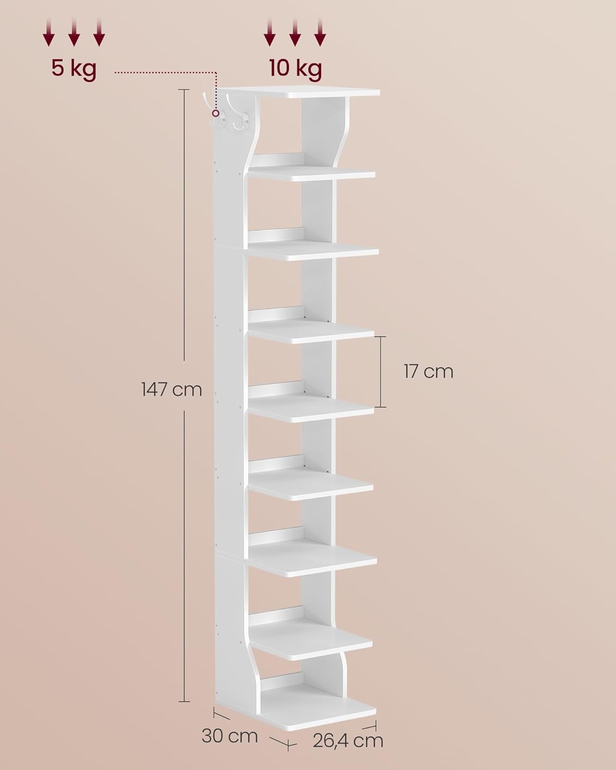 VASAGLE Raft pantofi pentru spatii inguste, 9 niveluri, cu carlige laterale, montaj pe podea, 26x30x147 cm, alb