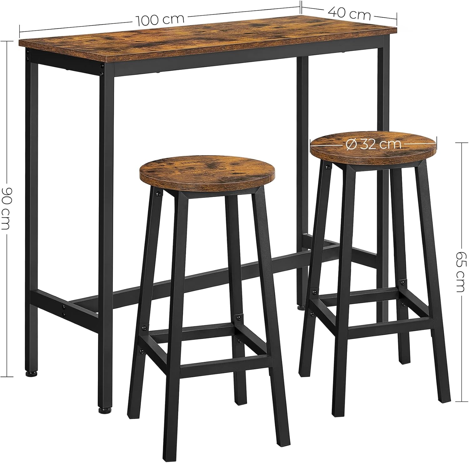 VASAGLE Set masa bar cu 2 scaune rotunde, cadru metalic, stil industrial, 100x40x90 cm, maro rustic