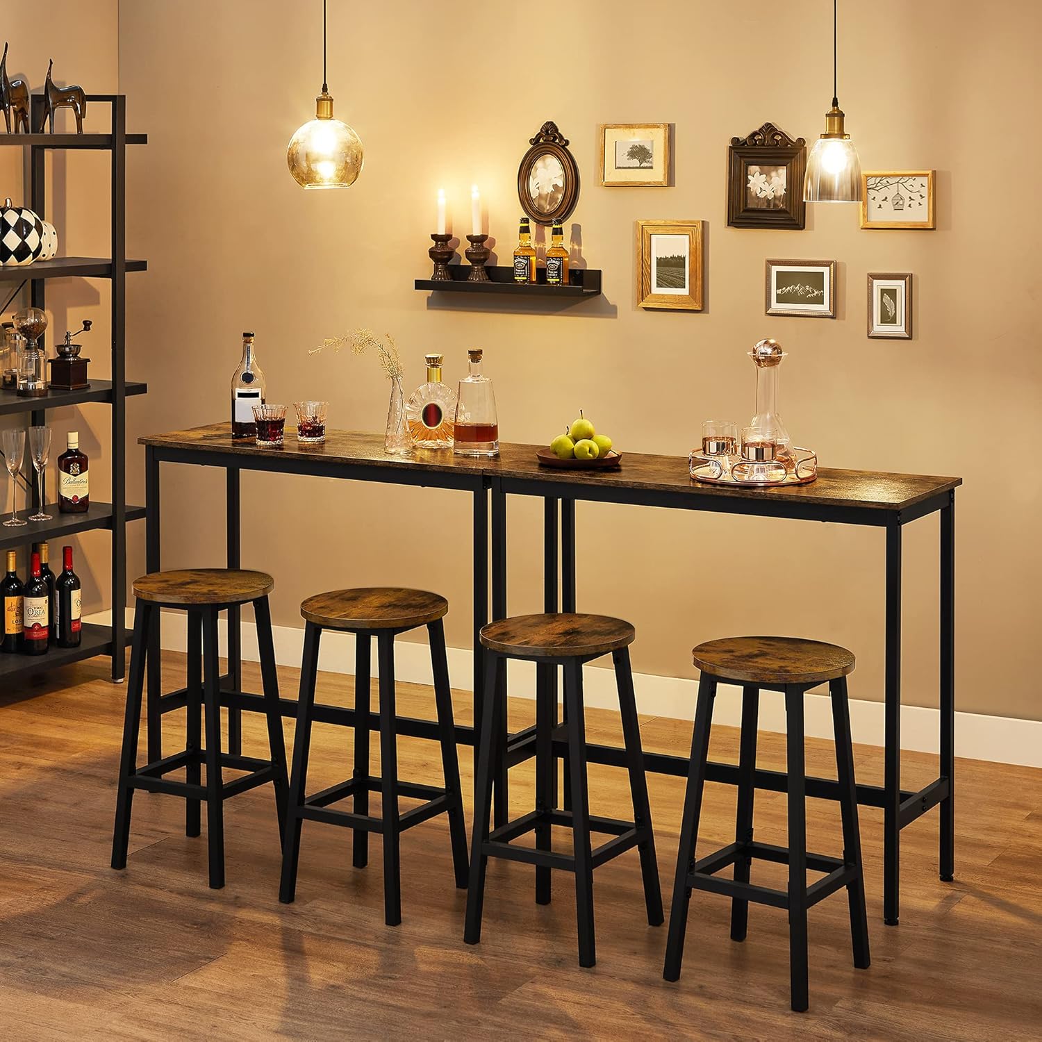 VASAGLE Set masa bar cu 2 scaune rotunde, cadru metalic, stil industrial, 100x40x90 cm, maro rustic