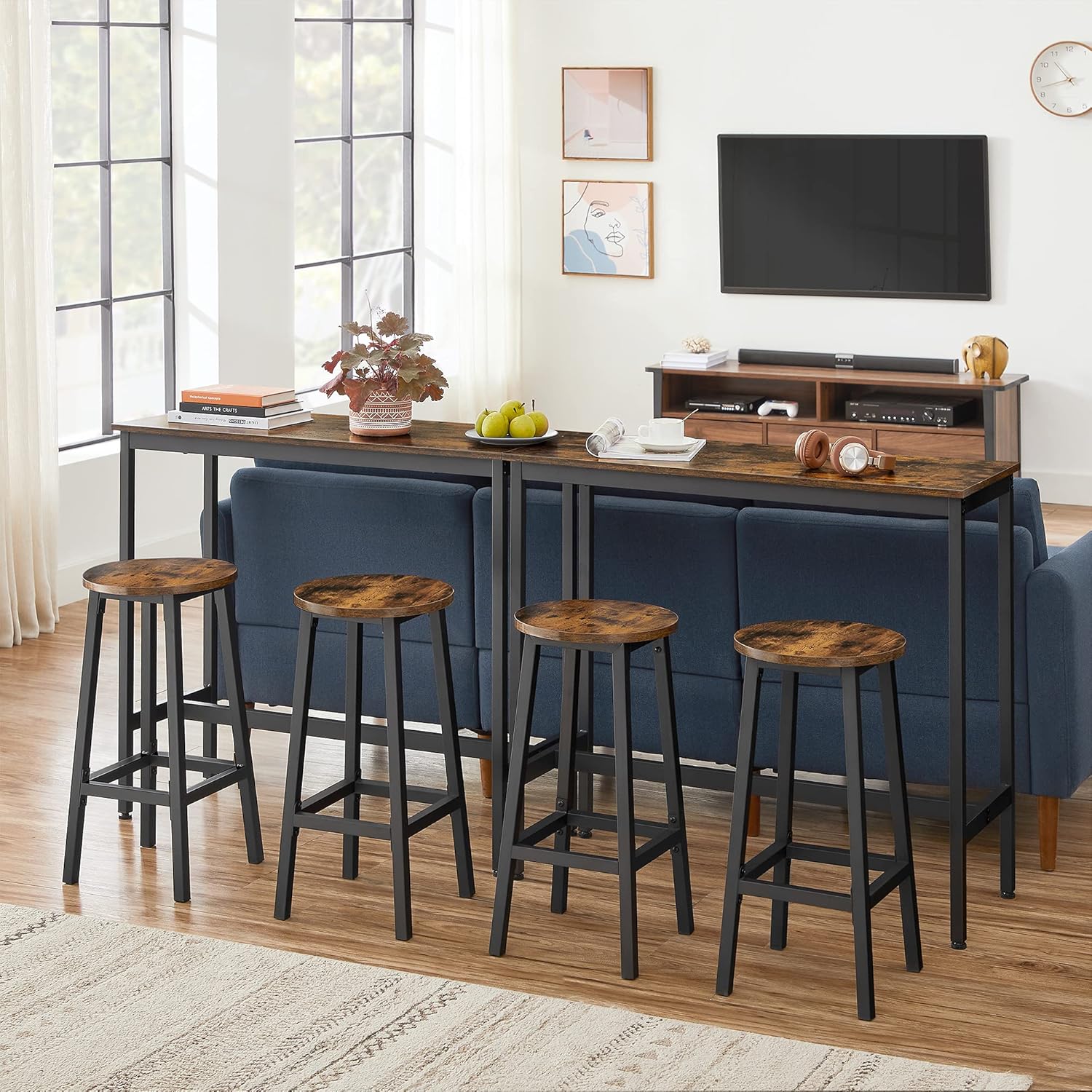VASAGLE Set masa bar cu 2 scaune rotunde, cadru metalic, stil industrial, 100x40x90 cm, maro rustic