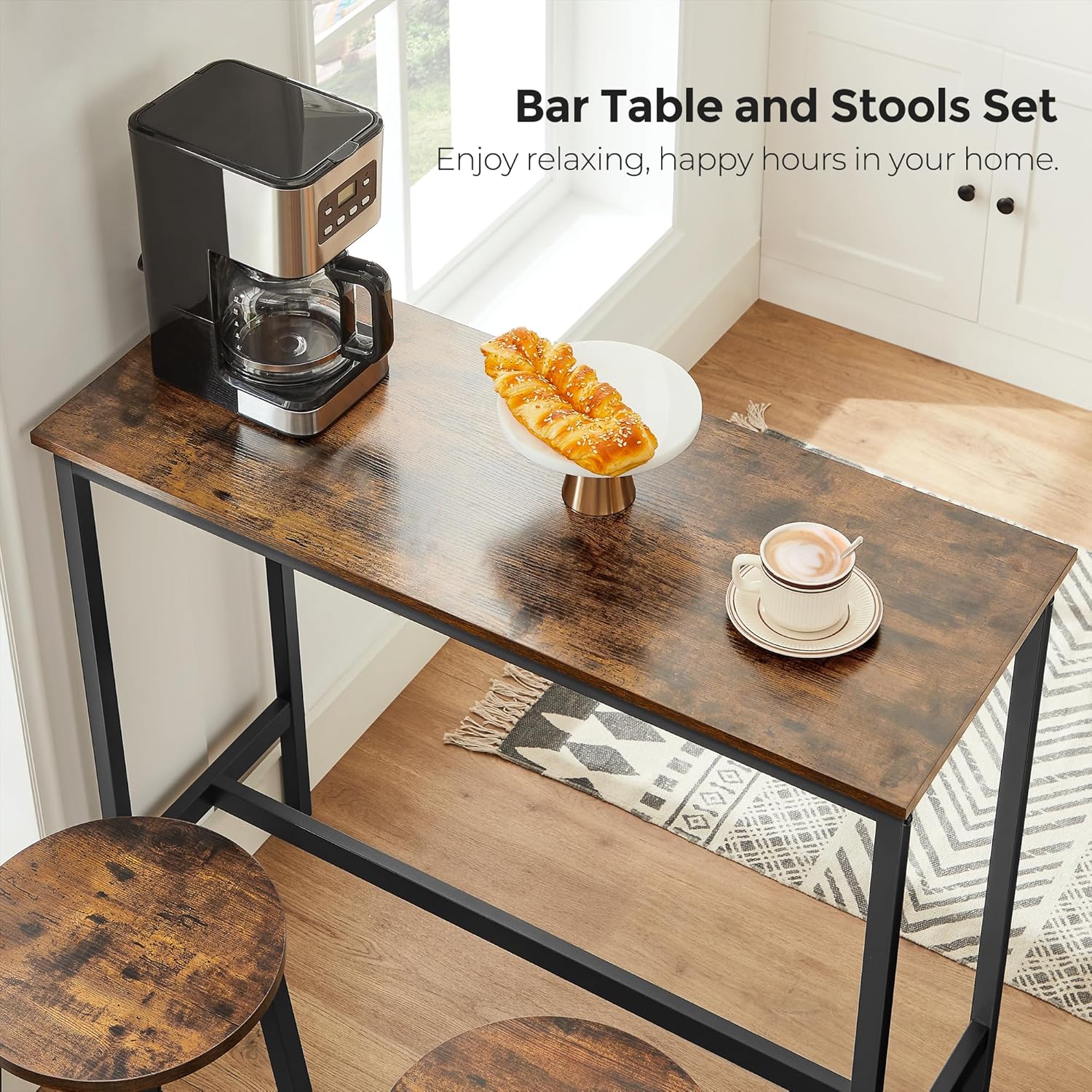 VASAGLE Set masa bar cu 2 scaune rotunde, cadru metalic, stil industrial, 100x40x90 cm, maro rustic