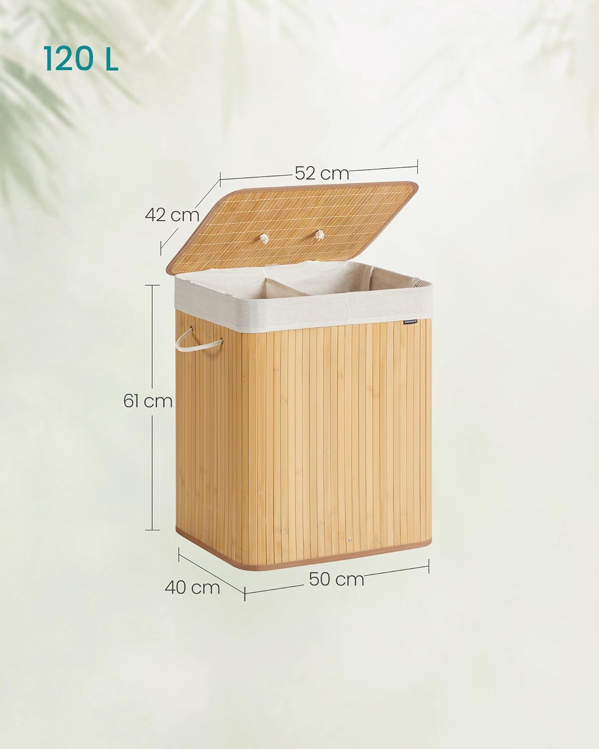 SONGMICS Cos de rufe cu capac, 2 compartimente, bambus, 120 l, pliabil, sac textil detasabil, 50x40x61 cm, maro natur