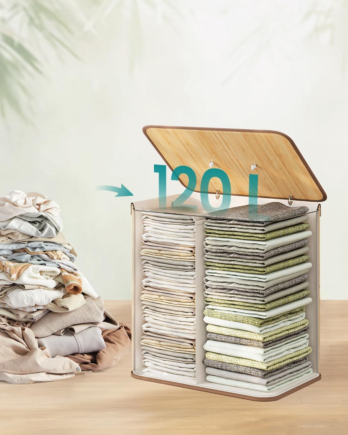 SONGMICS Cos de rufe cu capac, 2 compartimente, bambus, 120 l, pliabil, sac textil detasabil, 50x40x61 cm, maro natur