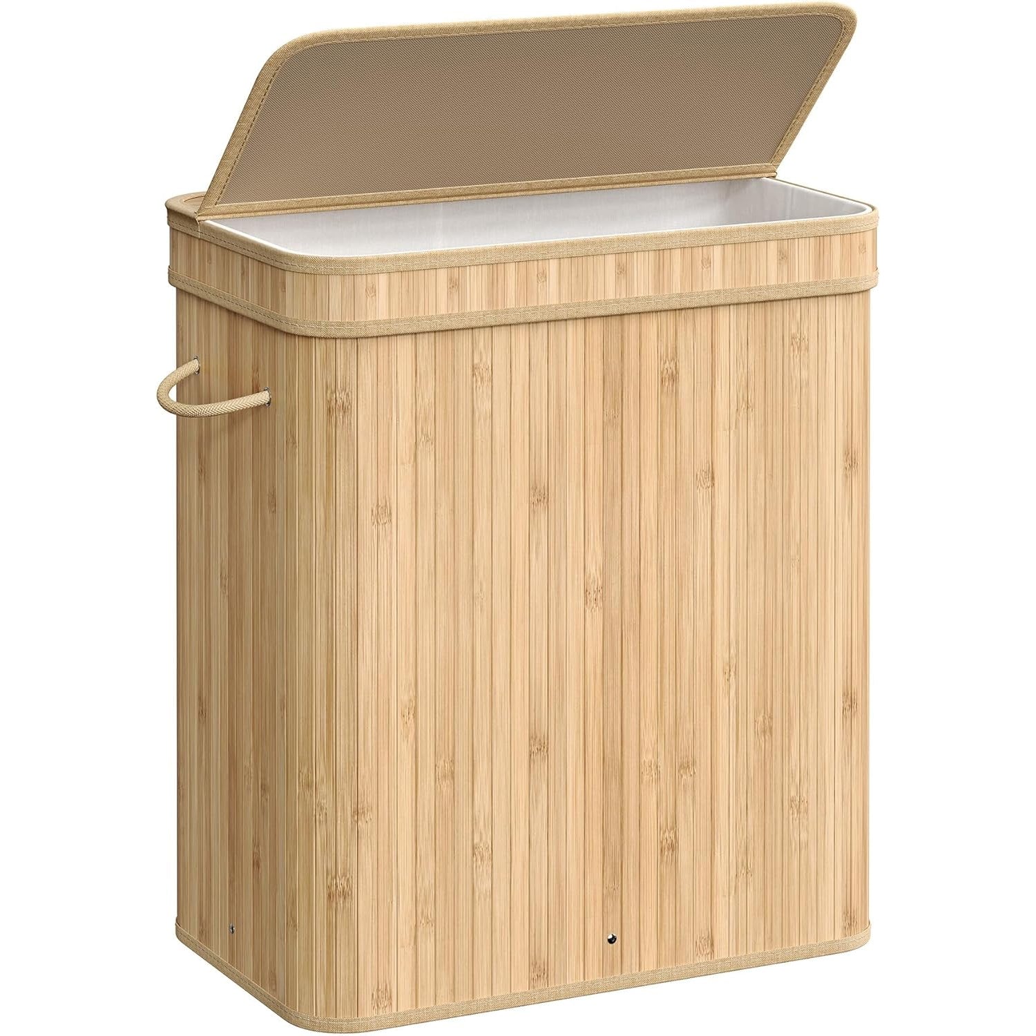 SONGMICS Cos de rufe din bambus cu capac 100L, sac textil detasabil, 55x35x61 cm, bej natur