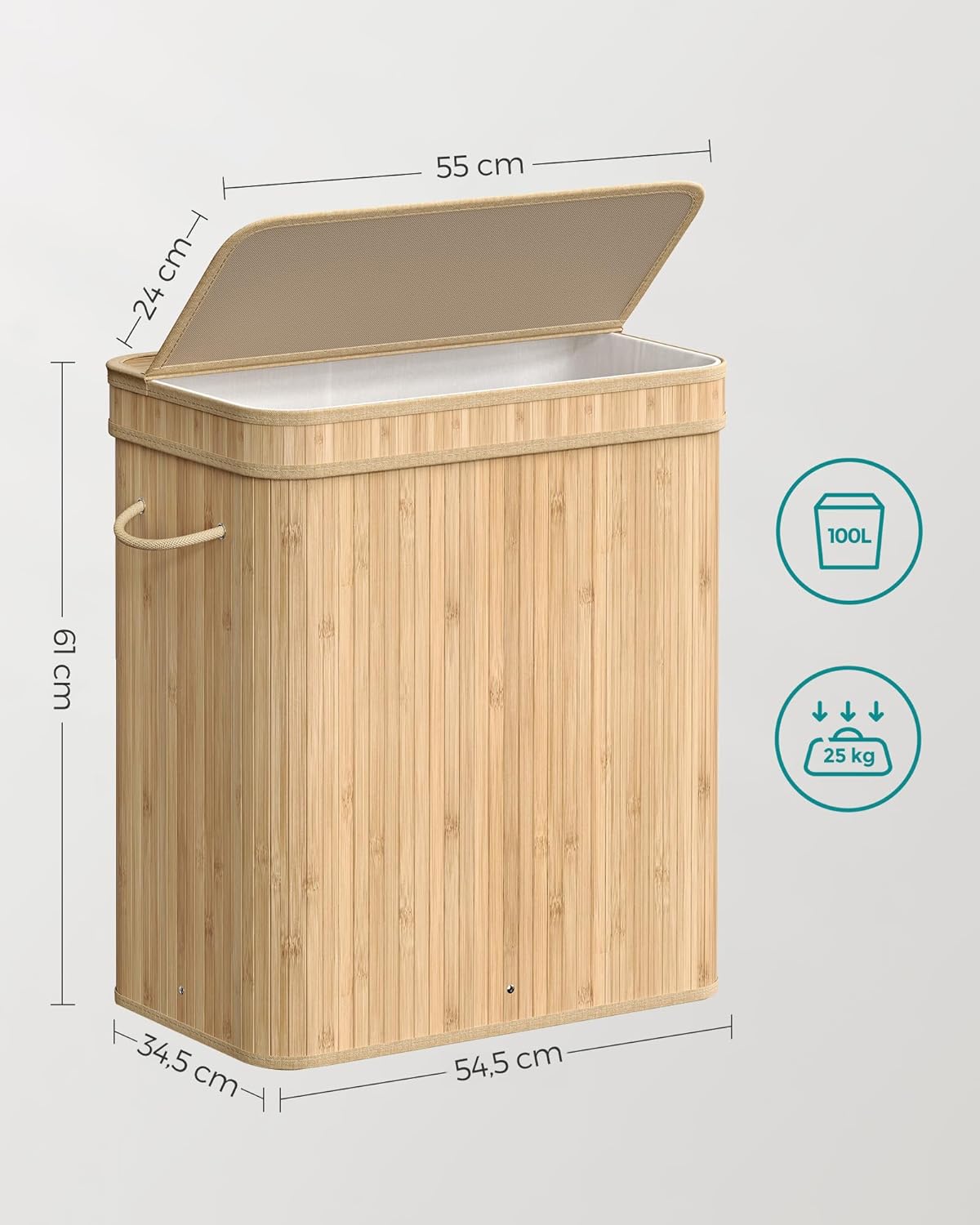 SONGMICS Cos de rufe din bambus cu capac 100L, sac textil detasabil, 55x35x61 cm, bej natur