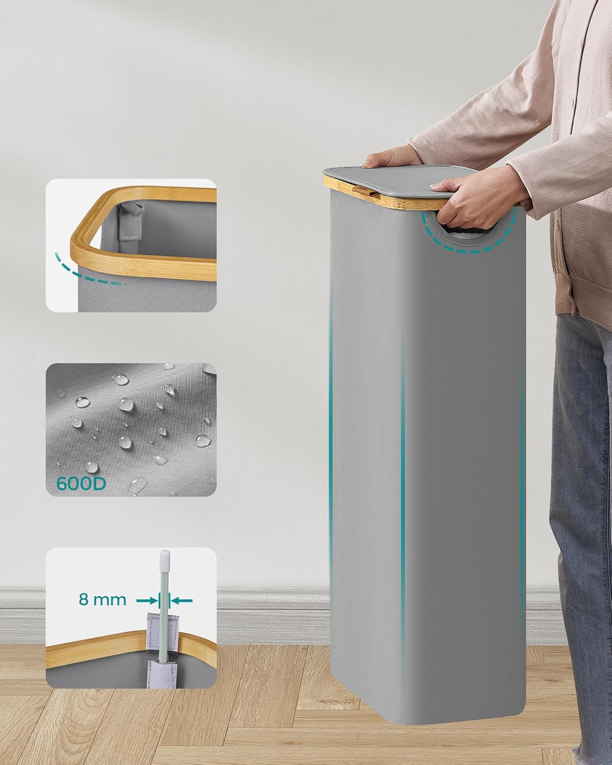 SONGMICS Cos rufe slim pentru spatii inguste, sac detasabil, 65 litri, 42x23x71 cm, gri