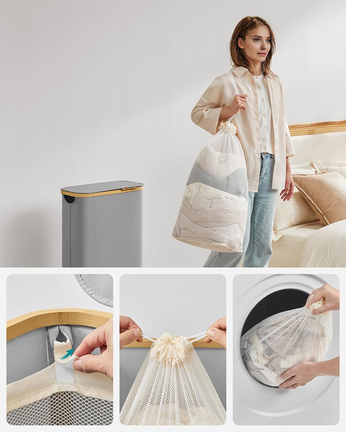 SONGMICS Cos rufe slim pentru spatii inguste, sac detasabil, 65 litri, 42x23x71 cm, gri