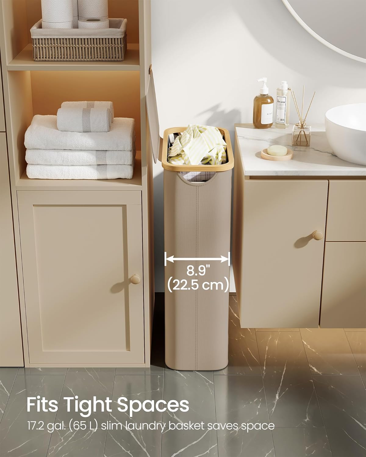 SONGMICS Cos rufe slim pentru spatii inguste, sac detasabil, 65 litri, 42x23x71 cm, maro bej