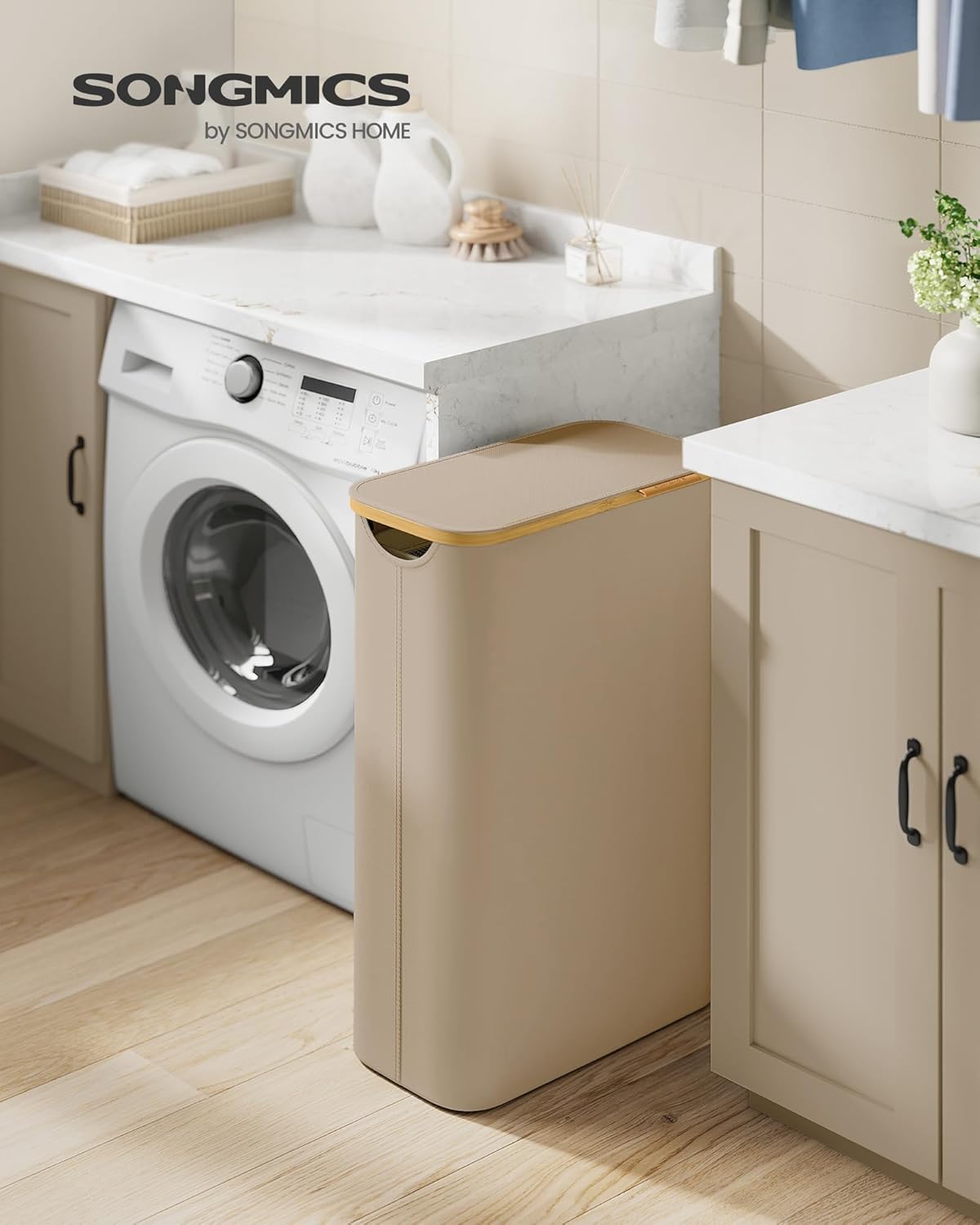 SONGMICS Cos rufe slim pentru spatii inguste, sac detasabil, 65 litri, 42x23x71 cm, maro bej