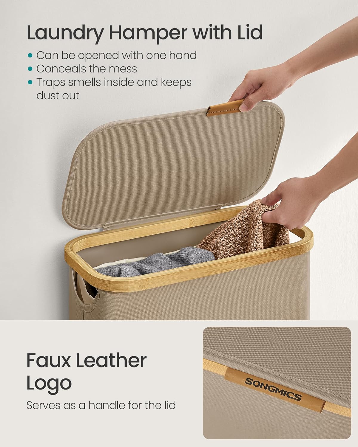 SONGMICS Cos rufe slim pentru spatii inguste, sac detasabil, 65 litri, 42x23x71 cm, maro bej