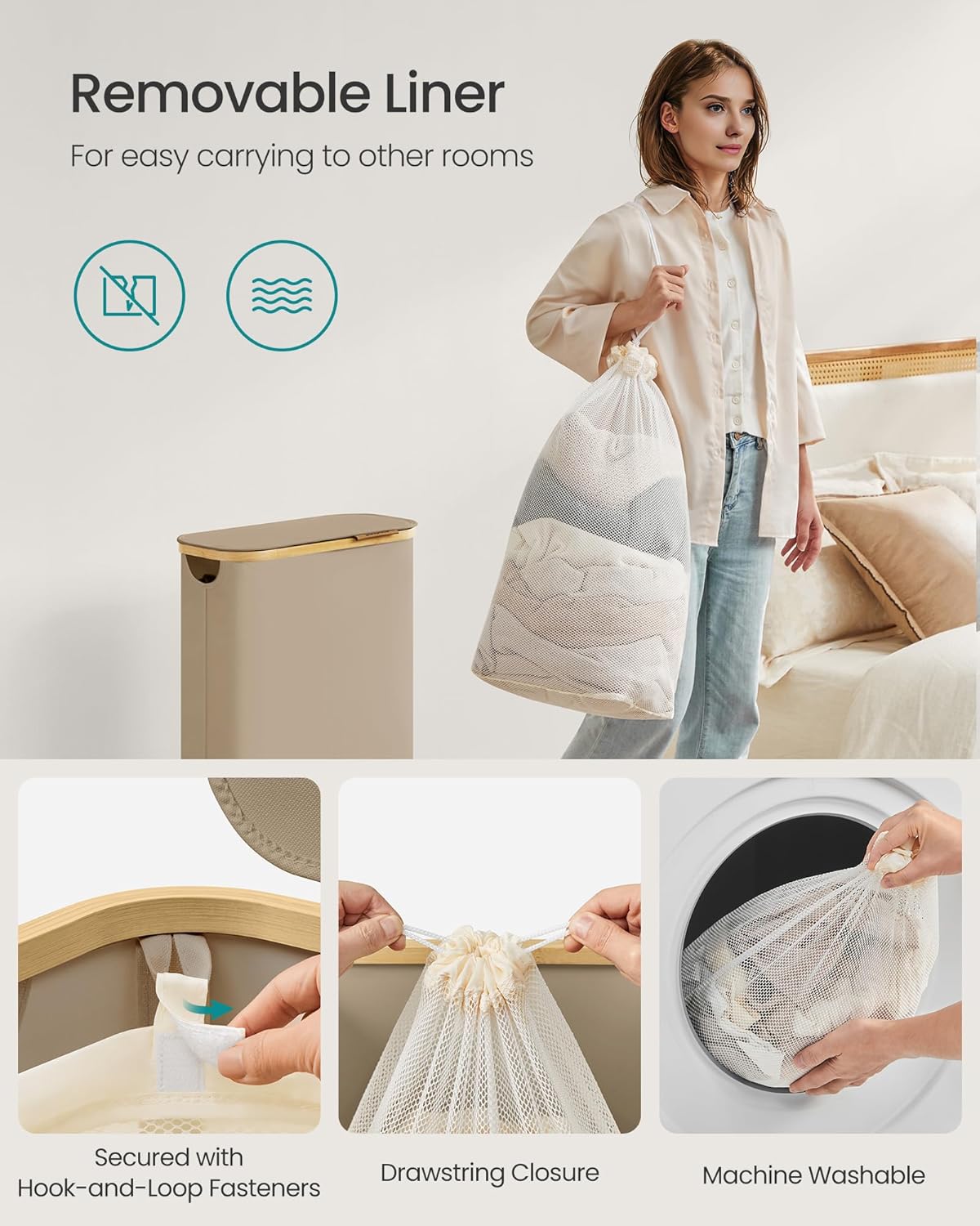 SONGMICS Cos rufe slim pentru spatii inguste, sac detasabil, 65 litri, 42x23x71 cm, maro bej