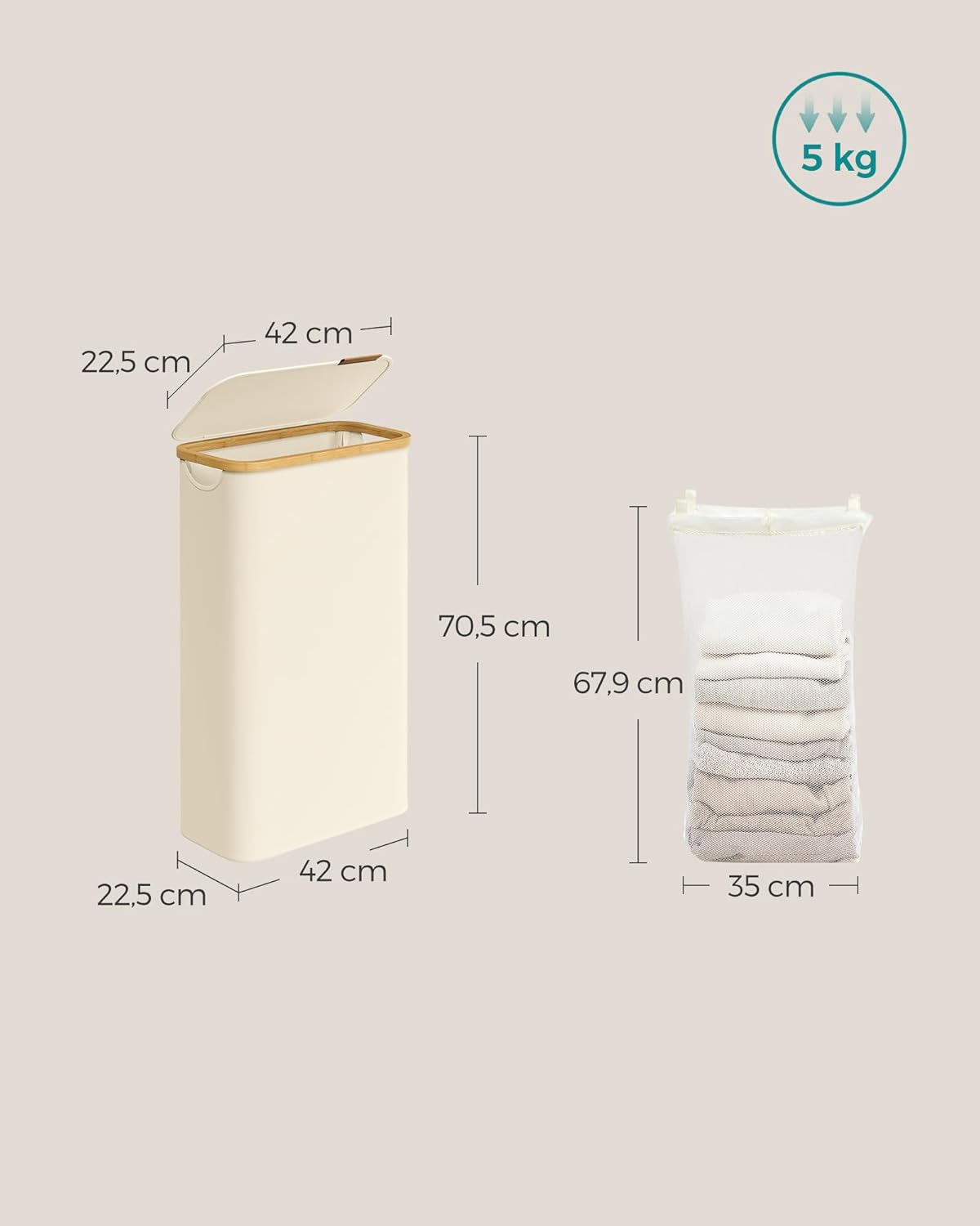 SONGMICS Cos rufe slim pentru spatii inguste, sac detasabil, 65 litri, 42x23x71 cm, crem