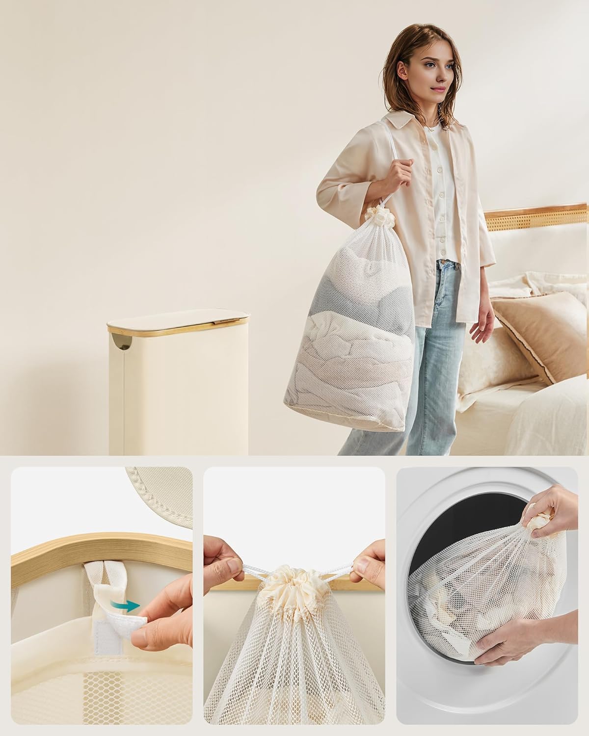 SONGMICS Cos rufe slim pentru spatii inguste, sac detasabil, 65 litri, 42x23x71 cm, crem