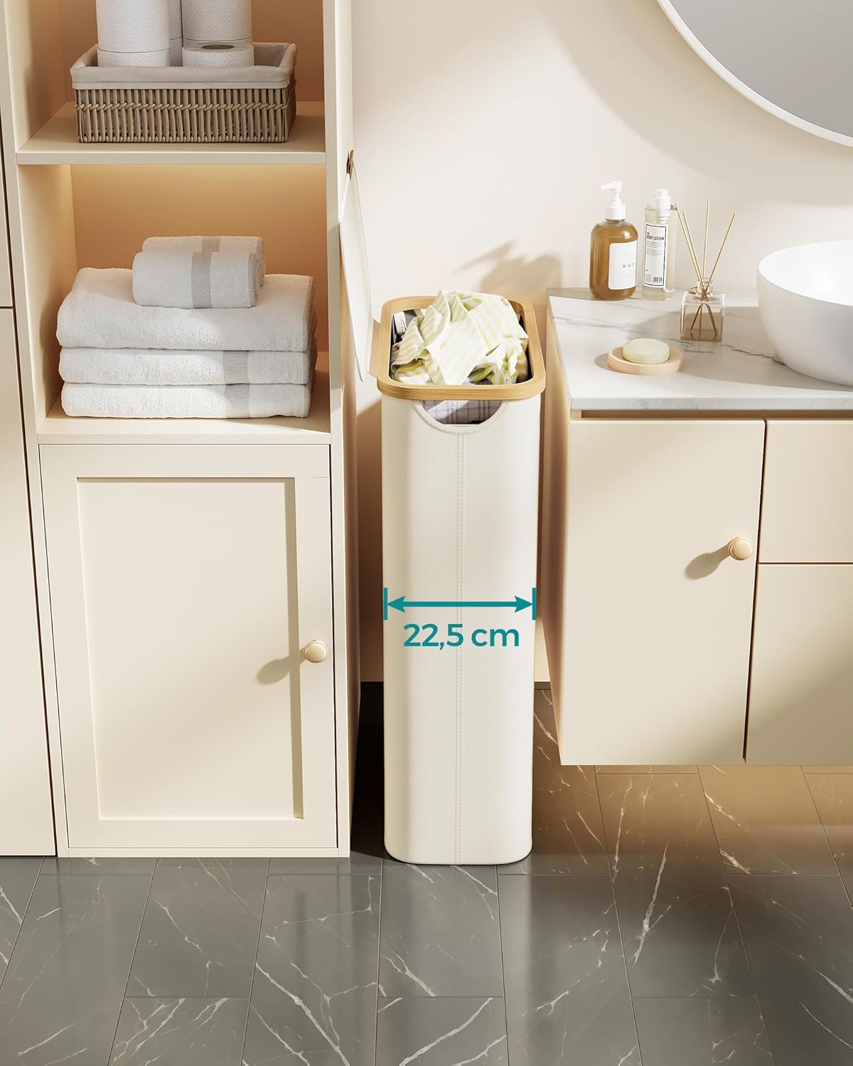 SONGMICS Cos rufe slim pentru spatii inguste, sac detasabil, 65 litri, 42x23x71 cm, crem