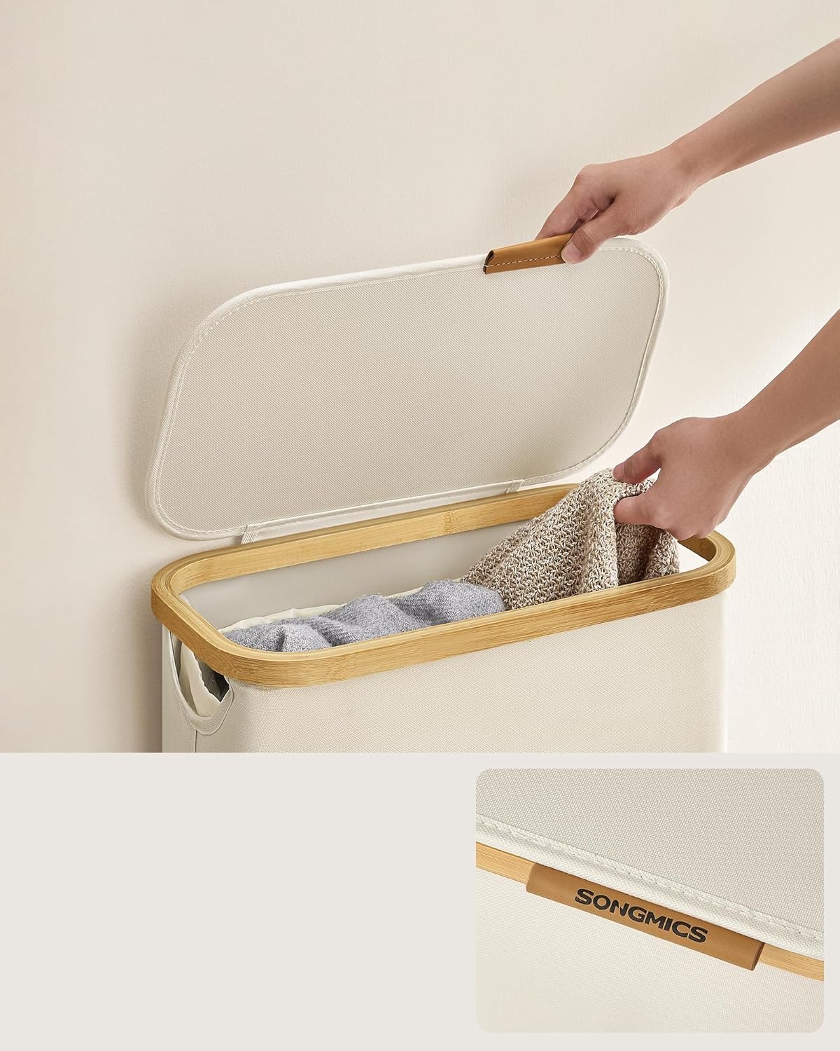 SONGMICS Cos rufe slim pentru spatii inguste, sac detasabil, 65 litri, 42x23x71 cm, crem