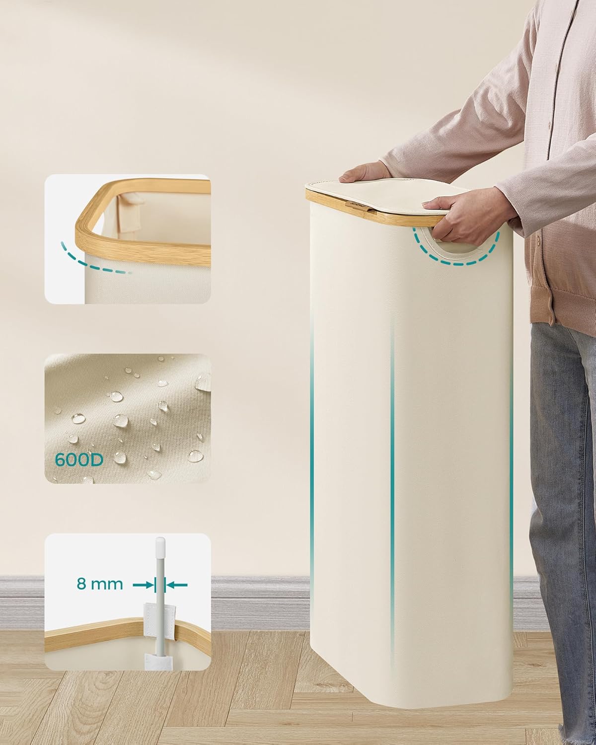 SONGMICS Cos rufe slim pentru spatii inguste, sac detasabil, 65 litri, 42x23x71 cm, crem