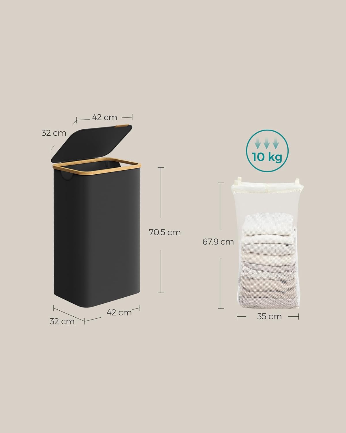 SONGMICS Cos de rufe textil, pliabil, compartiment detasabil, 90L, 42x32x71 cm, negru