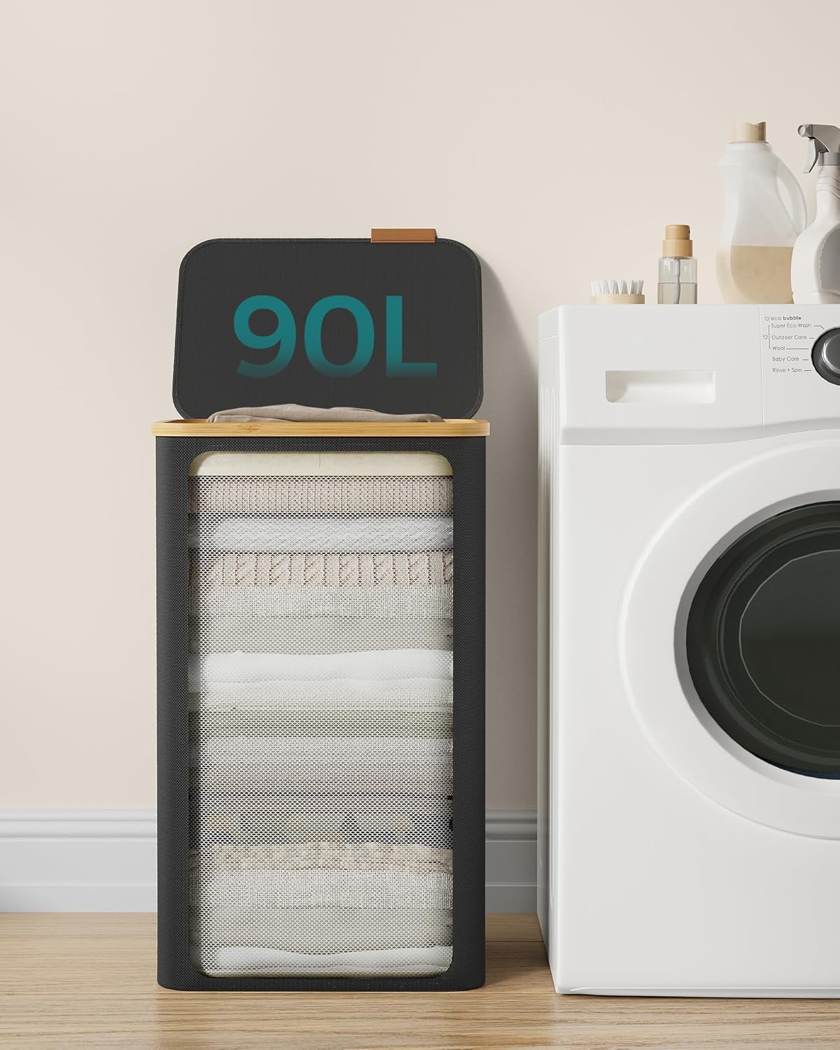 SONGMICS Cos de rufe textil, pliabil, compartiment detasabil, 90L, 42x32x71 cm, negru