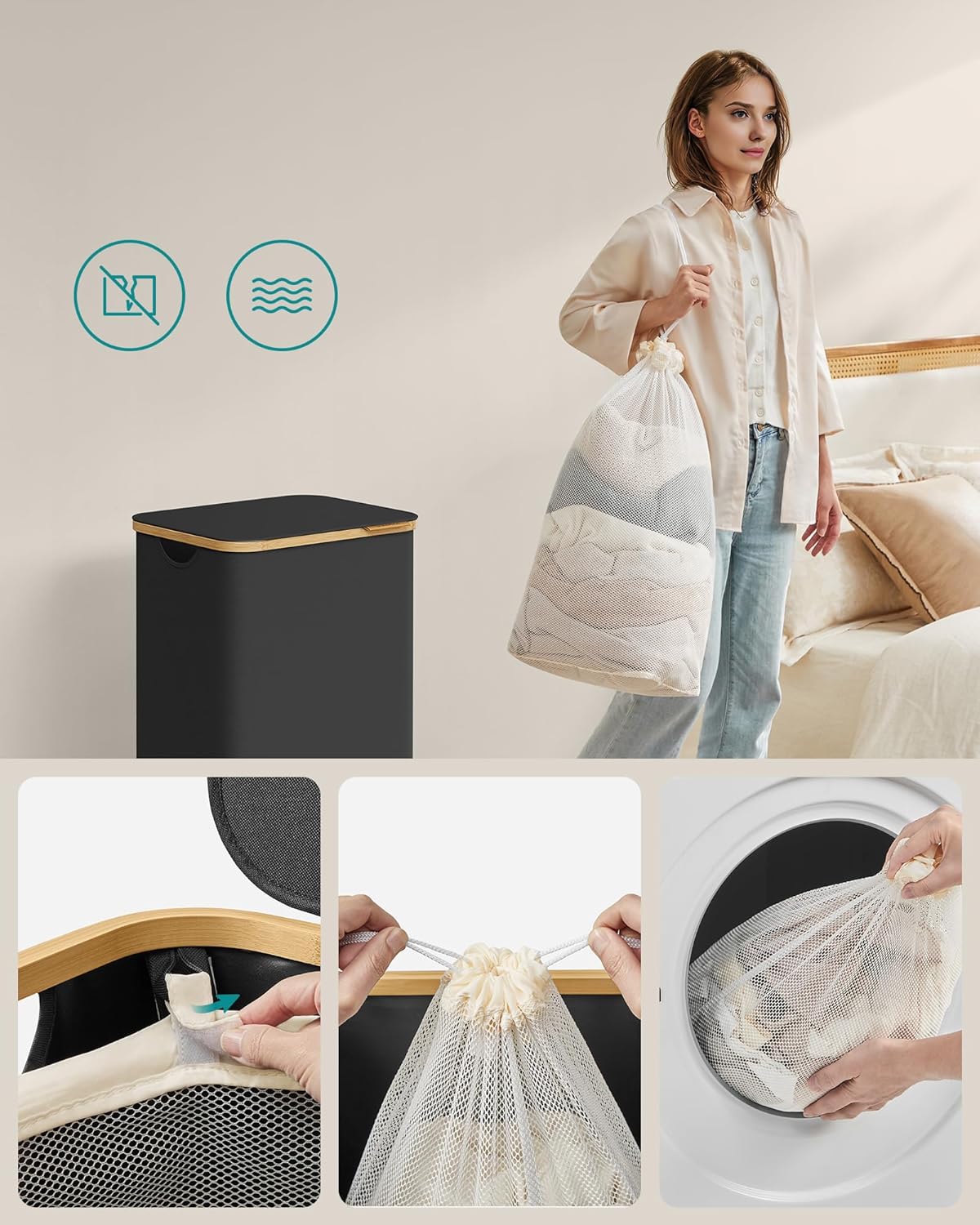 SONGMICS Cos de rufe textil, pliabil, compartiment detasabil, 90L, 42x32x71 cm, negru