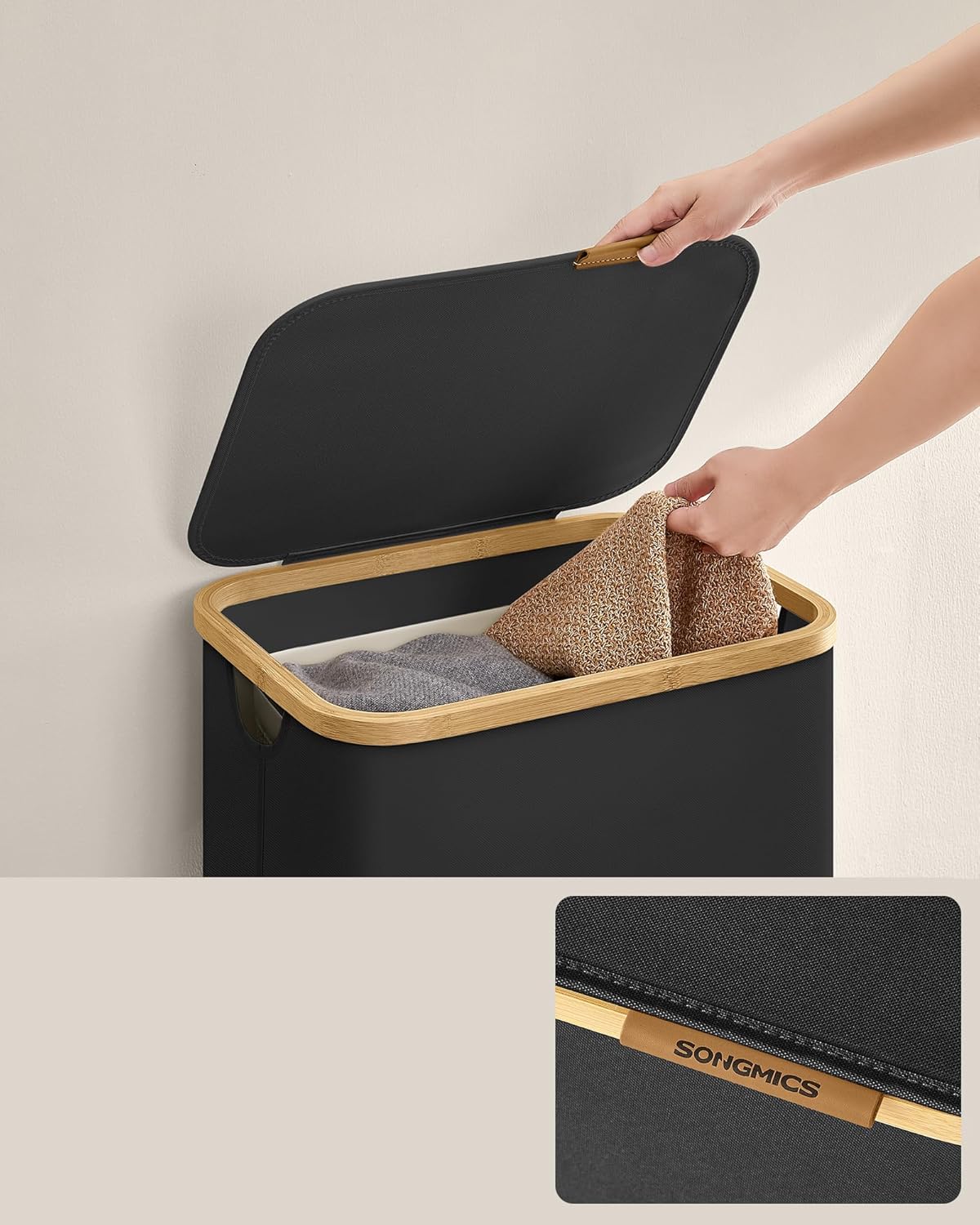 SONGMICS Cos de rufe textil, pliabil, compartiment detasabil, 90L, 42x32x71 cm, negru