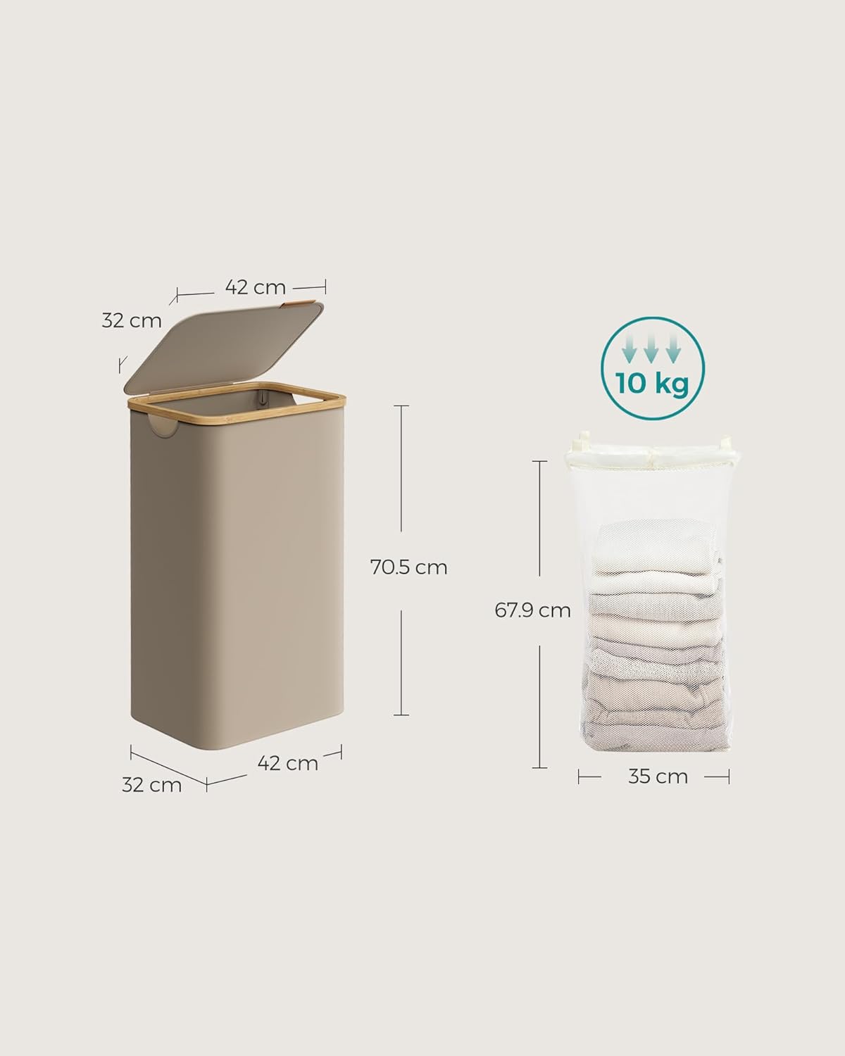 SONGMICS Cos de rufe textil, pliabil, compartiment detasabil, 90L, 42x32x71 cm, maro