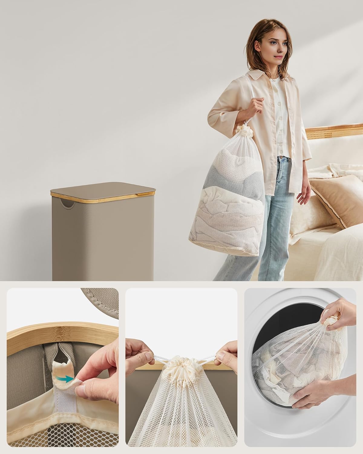 SONGMICS Cos de rufe textil, pliabil, compartiment detasabil, 90L, 42x32x71 cm, maro