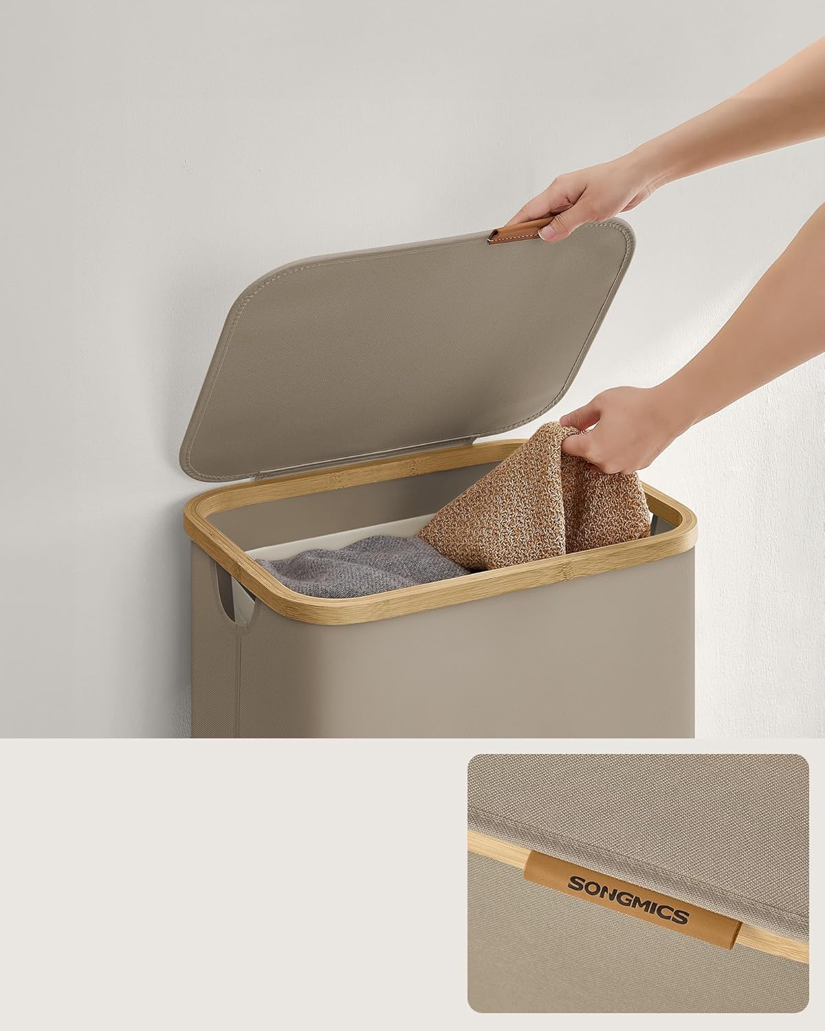 SONGMICS Cos de rufe textil, pliabil, compartiment detasabil, 90L, 42x32x71 cm, maro