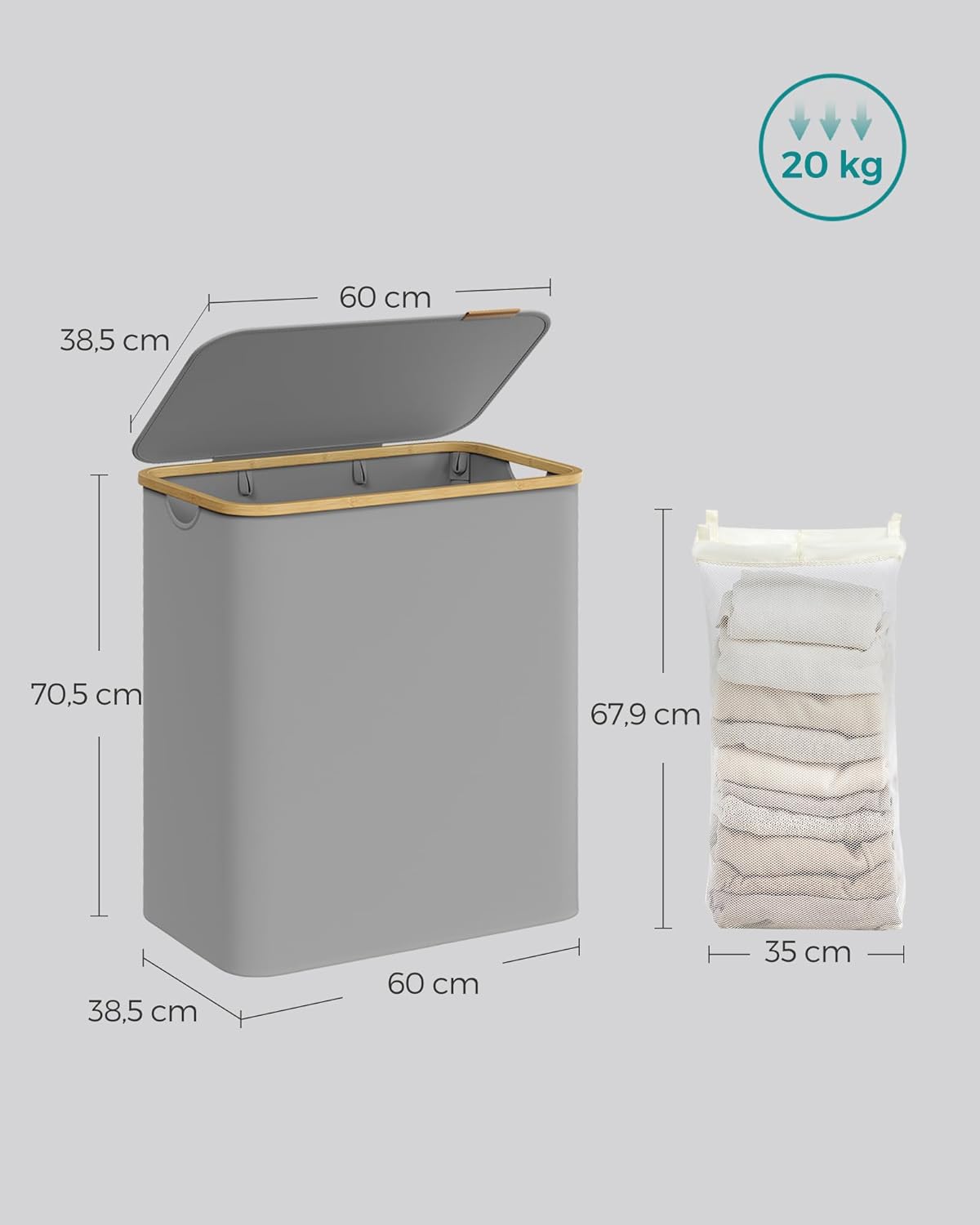 SONGMICS Cos de rufe textil, pliabil, cu 3 compartimente detasabile, 150L, 60x39x71 cm, gri