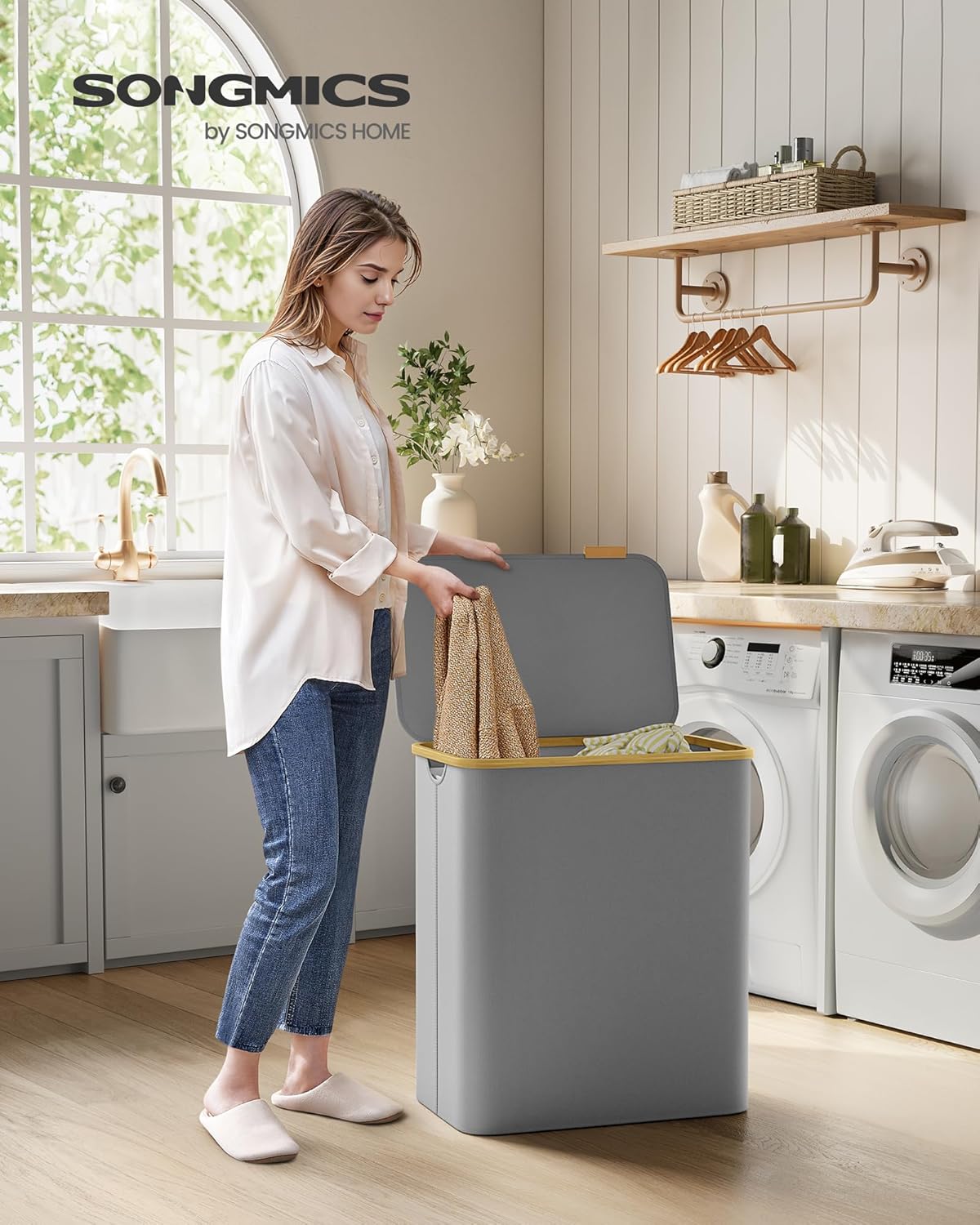 SONGMICS Cos de rufe textil, pliabil, cu 3 compartimente detasabile, 150L, 60x39x71 cm, gri
