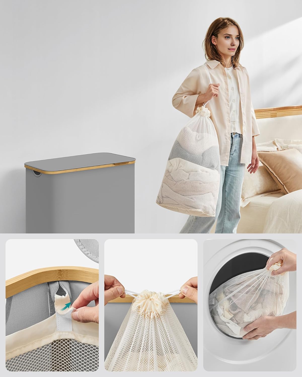 SONGMICS Cos de rufe textil, pliabil, cu 3 compartimente detasabile, 150L, 60x39x71 cm, gri