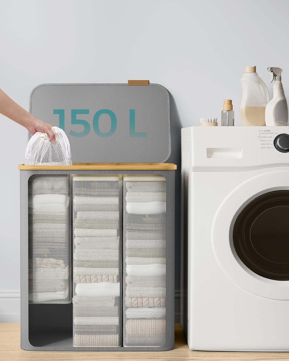 SONGMICS Cos de rufe textil, pliabil, cu 3 compartimente detasabile, 150L, 60x39x71 cm, gri