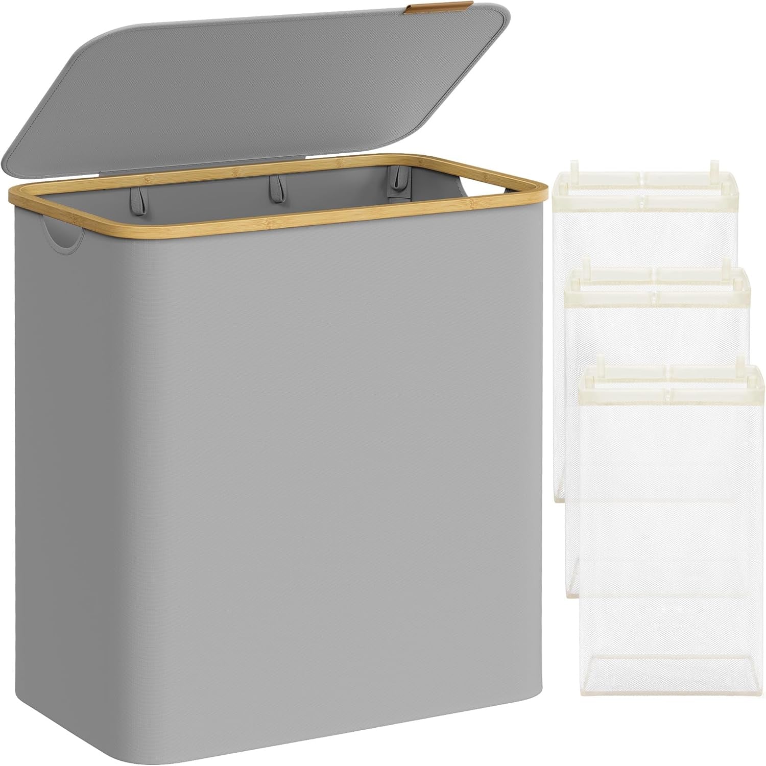 SONGMICS Cos de rufe textil, pliabil, cu 3 compartimente detasabile, 150L, 60x39x71 cm, gri