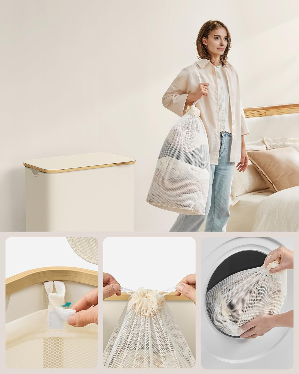 SONGMICS Cos de rufe textil, pliabil, cu 3 compartimente detasabile, 150L, 60x39x71 cm, crem