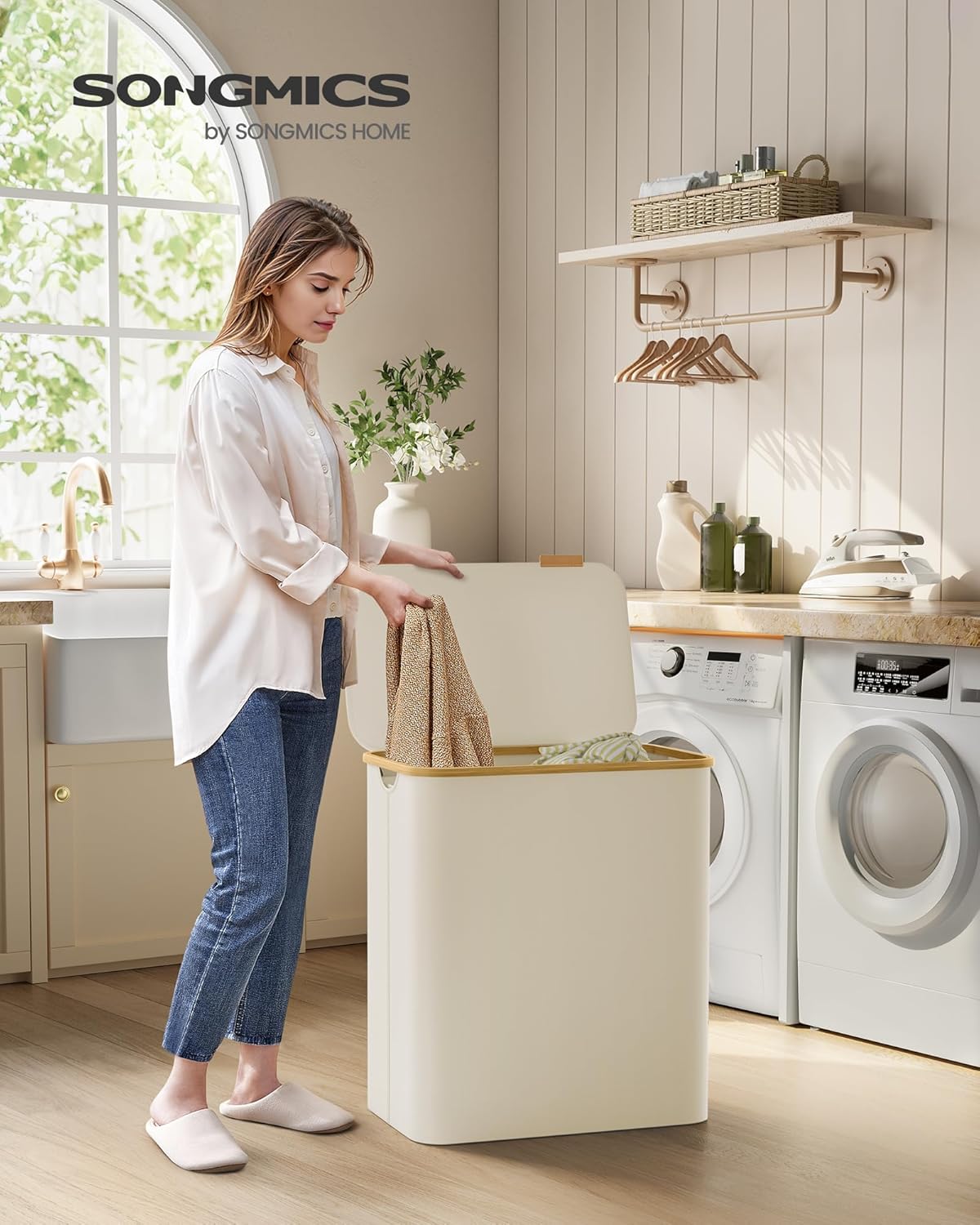 SONGMICS Cos de rufe textil, pliabil, cu 3 compartimente detasabile, 150L, 60x39x71 cm, crem