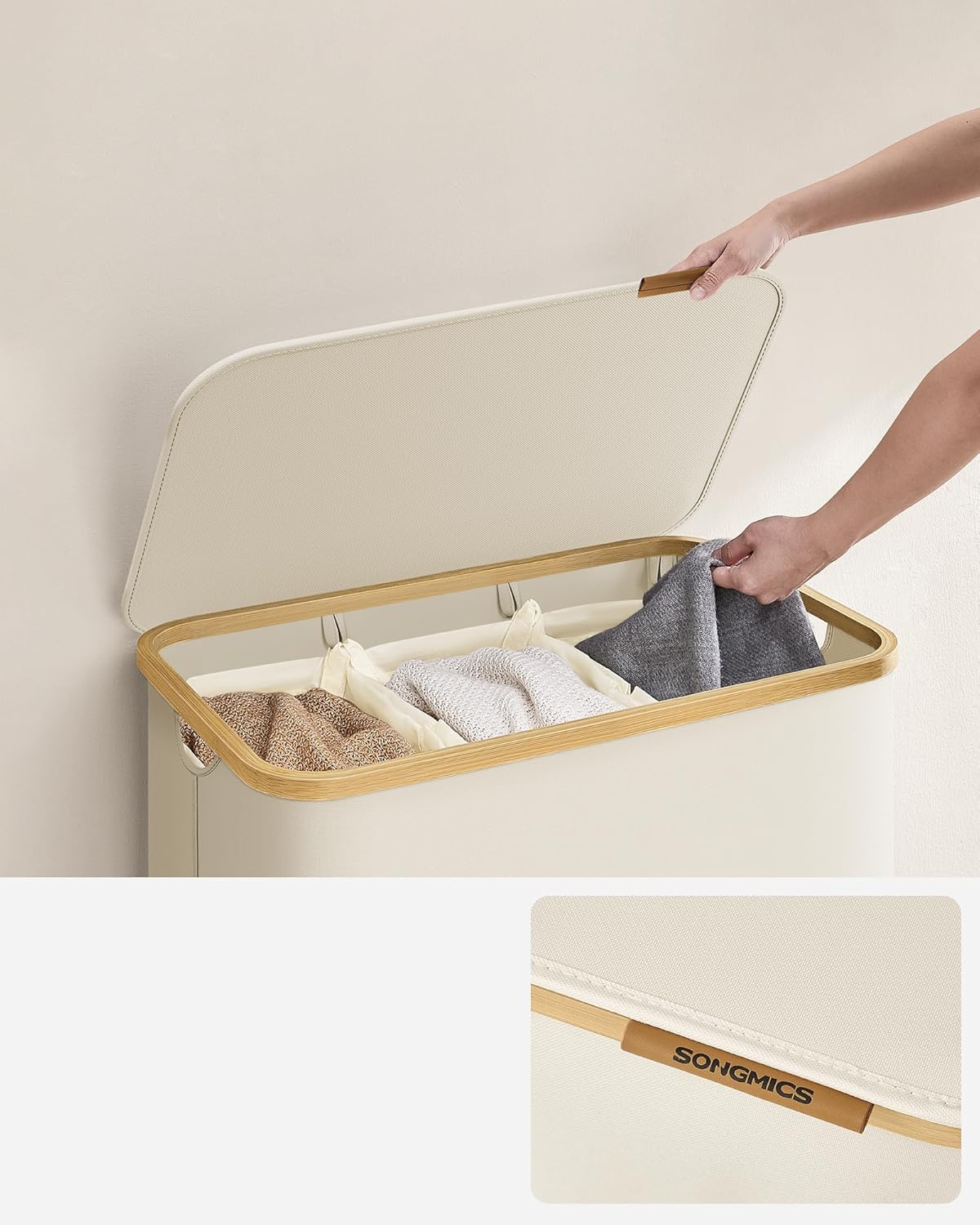SONGMICS Cos de rufe textil, pliabil, cu 3 compartimente detasabile, 150L, 60x39x71 cm, crem
