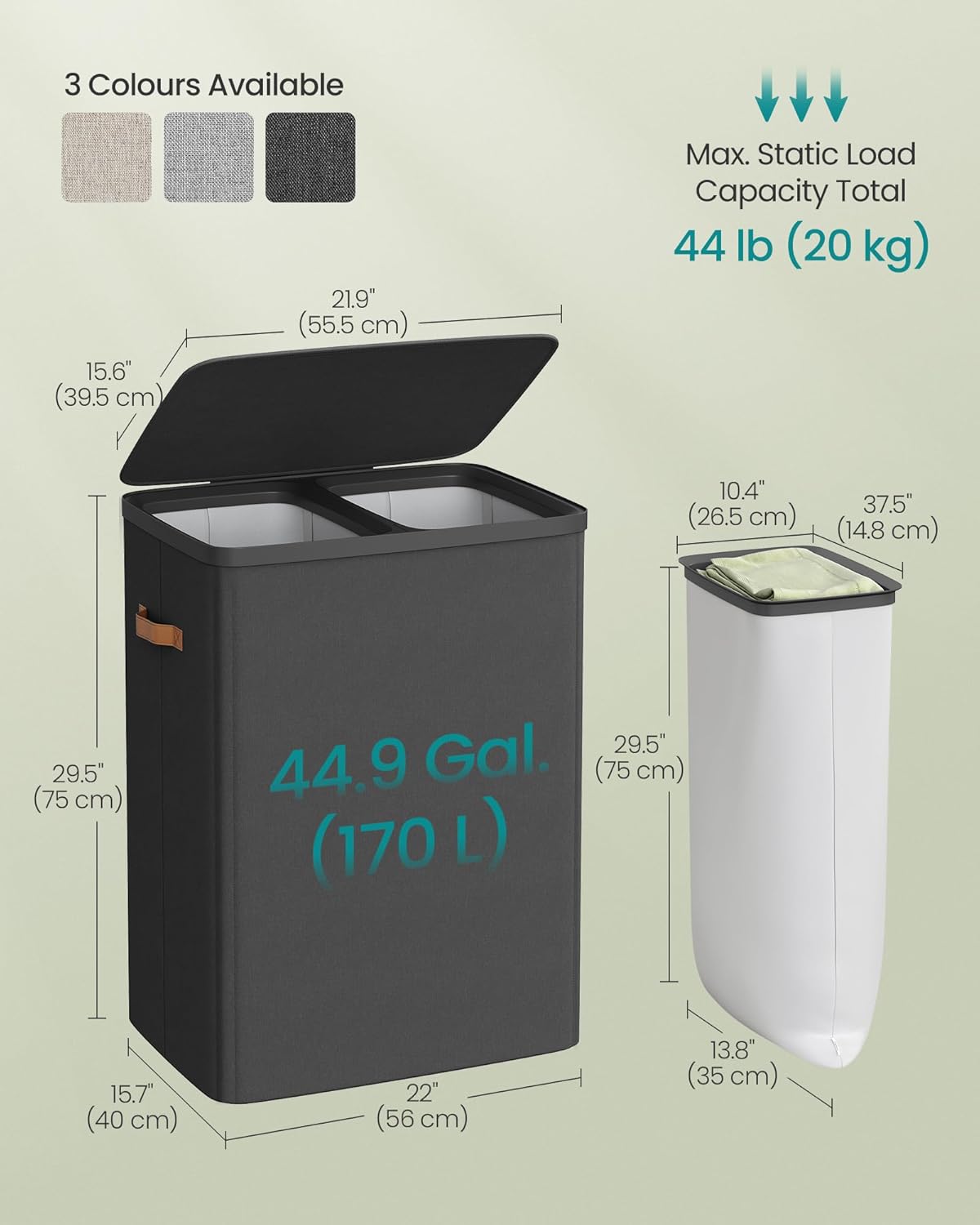 SONGMICS Cos rufe cu 2 compartimente si capac, saci detasabili cu maner, 170 litri, 56x40x75 cm, negru