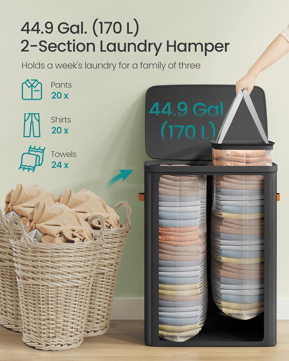 SONGMICS Cos rufe cu 2 compartimente si capac, saci detasabili cu maner, 170 litri, 56x40x75 cm, negru