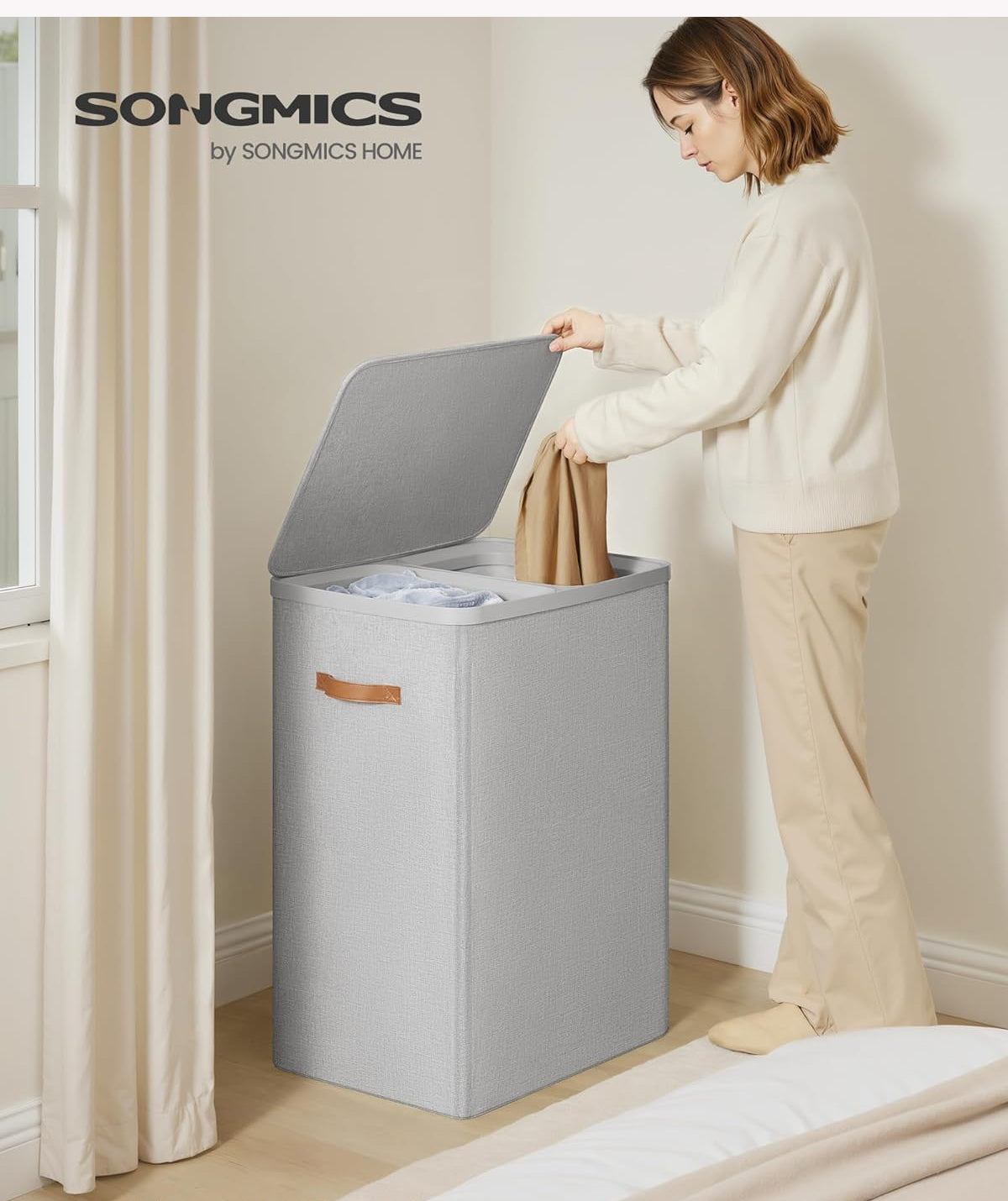 SONGMICS Cos rufe cu 2 compartimente si capac, saci detasabili cu maner, 170 litri, 56x40x75 cm, gri