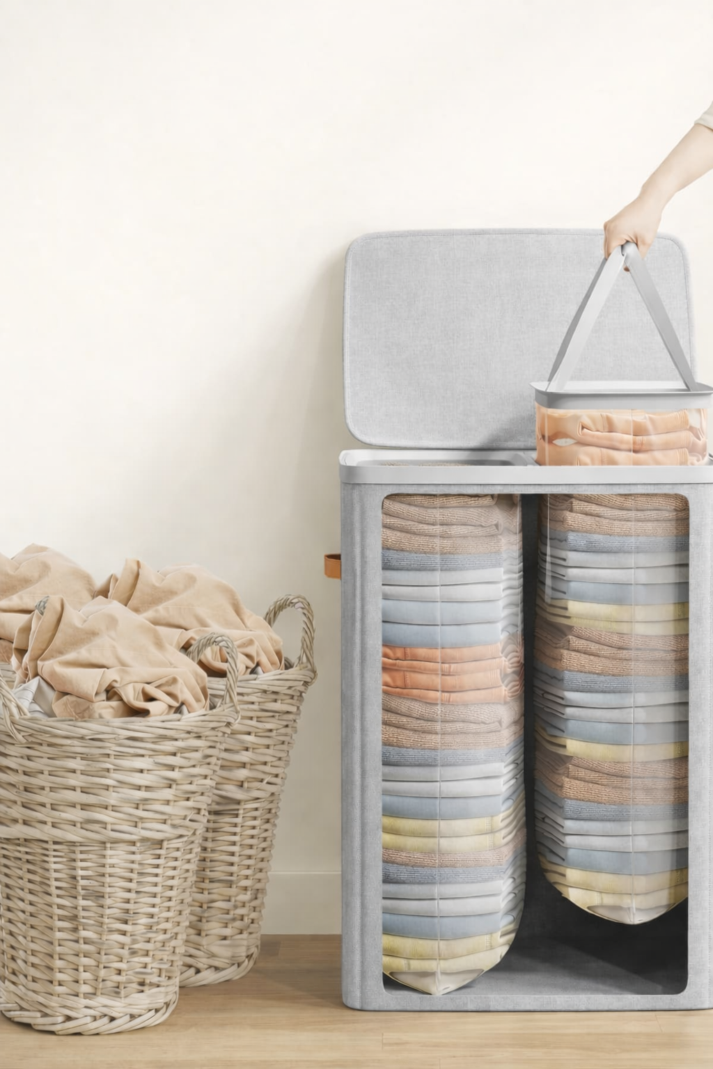 SONGMICS Cos rufe cu 2 compartimente si capac, saci detasabili cu maner, 170 litri, 56x40x75 cm, gri