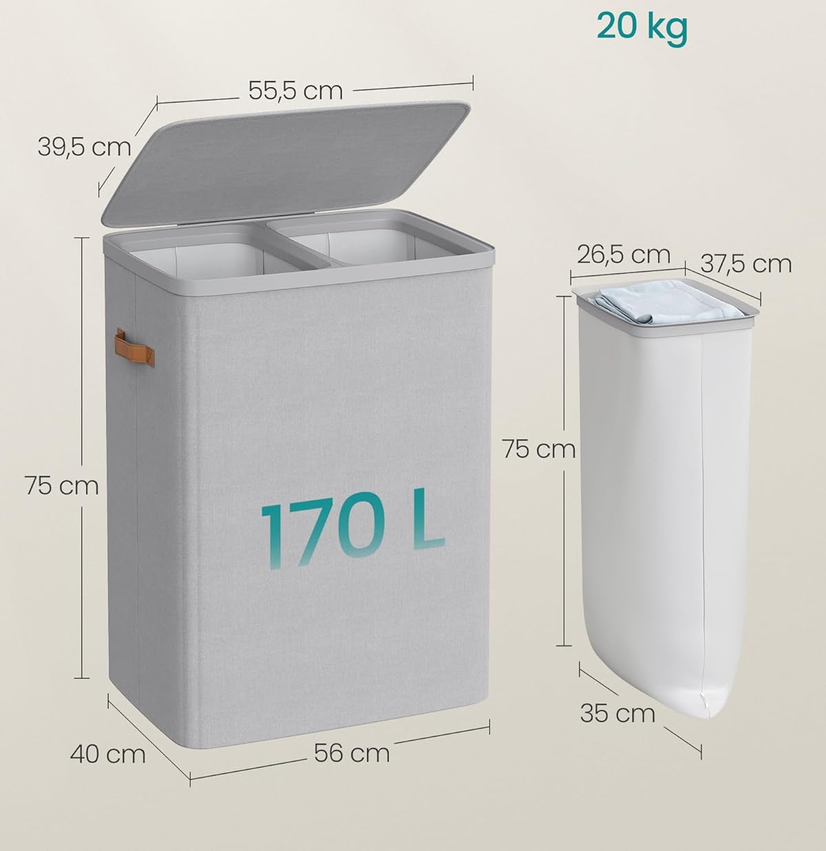 SONGMICS Cos rufe cu 2 compartimente si capac, saci detasabili cu maner, 170 litri, 56x40x75 cm, gri